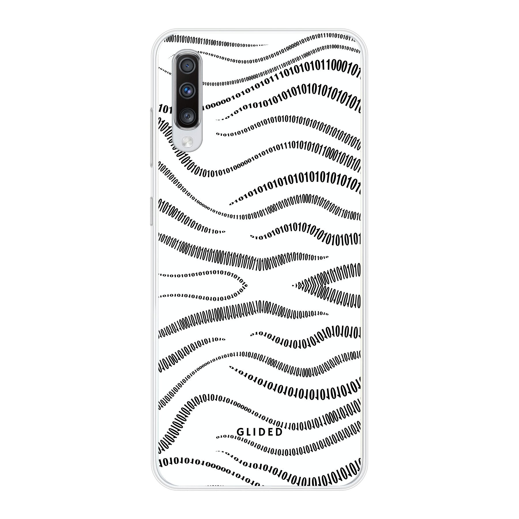 Samsung Galaxy A70 Handyhülle mit Binary Code Design, bestehend aus 0 und 1 auf weißem Hintergrund, bietet minimalistischen Schutz.