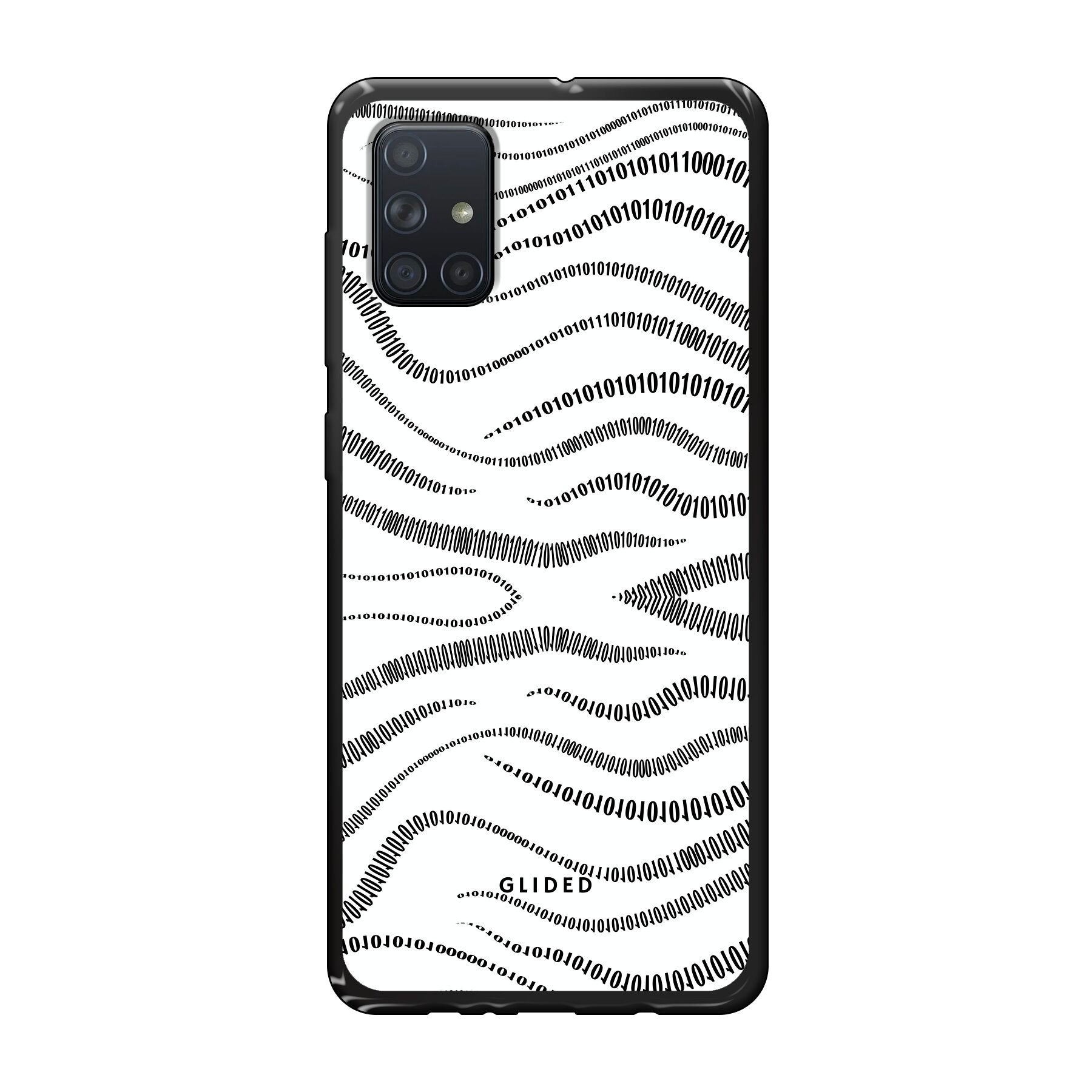 Samsung Galaxy A71 Handyhülle mit Binary Code Design, bestehend aus 0 und 1 auf weißem Hintergrund, stilvoll und schützend.