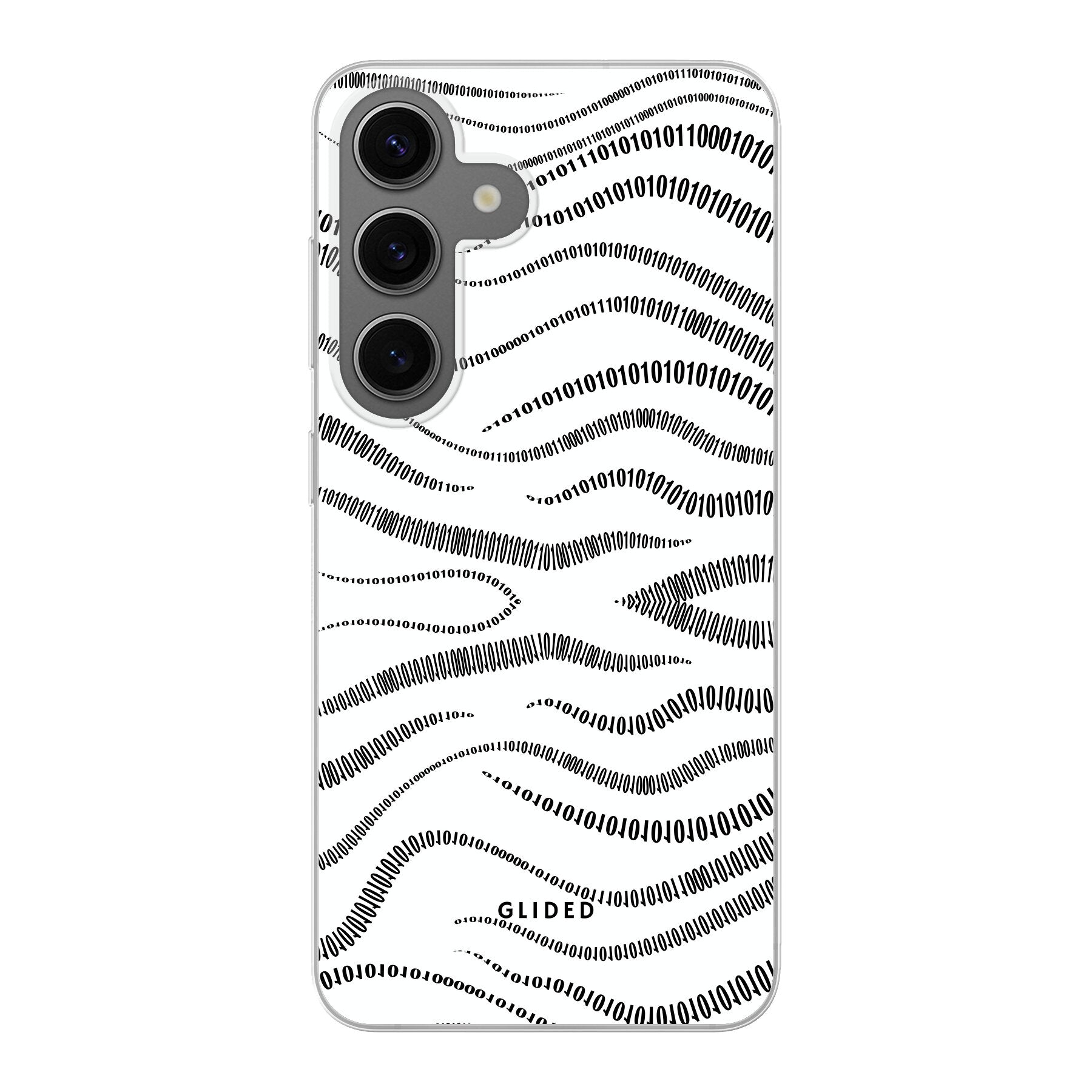 Samsung Galaxy S24 Handyhülle mit Binary Code Design, bestehend aus 0 und 1 auf weißem Hintergrund, bietet minimalistischen Schutz.