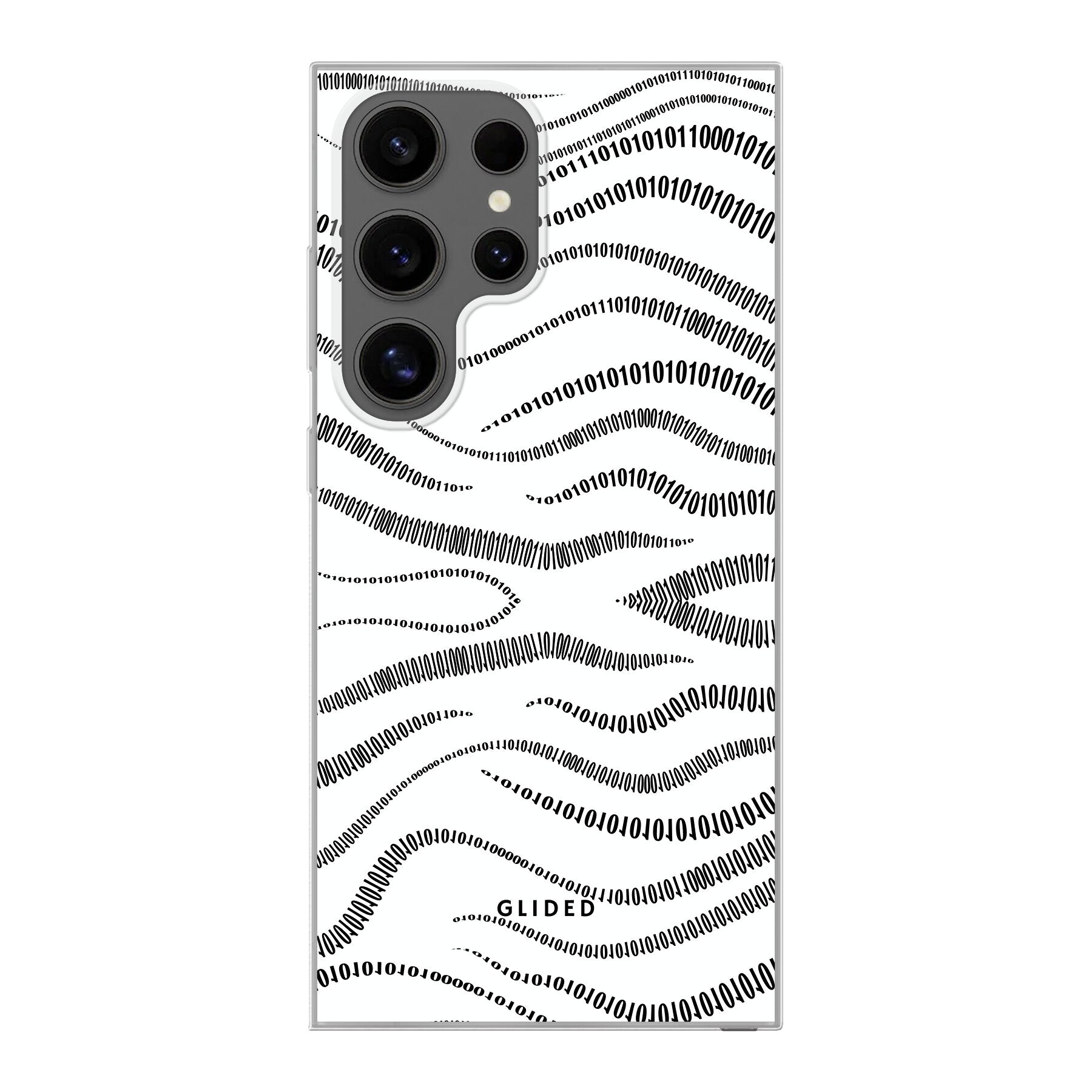 Samsung Galaxy S24 Ultra Handyhülle mit Binary Code Design, bestehend aus 0 und 1 auf weißem Hintergrund, bietet minimalistischen Schutz.