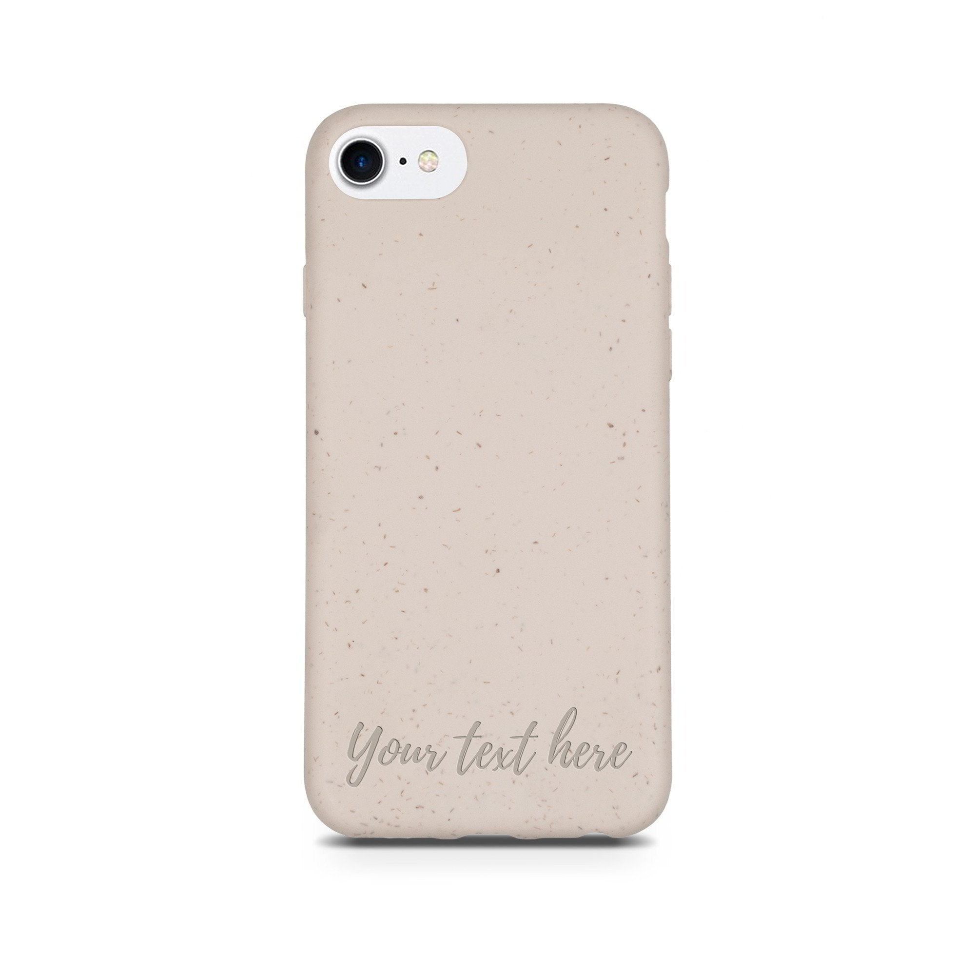 Biodegradable Personalized Phone Case in Natural White with unique text engraving, showcasing its eco-friendly design and modern style.