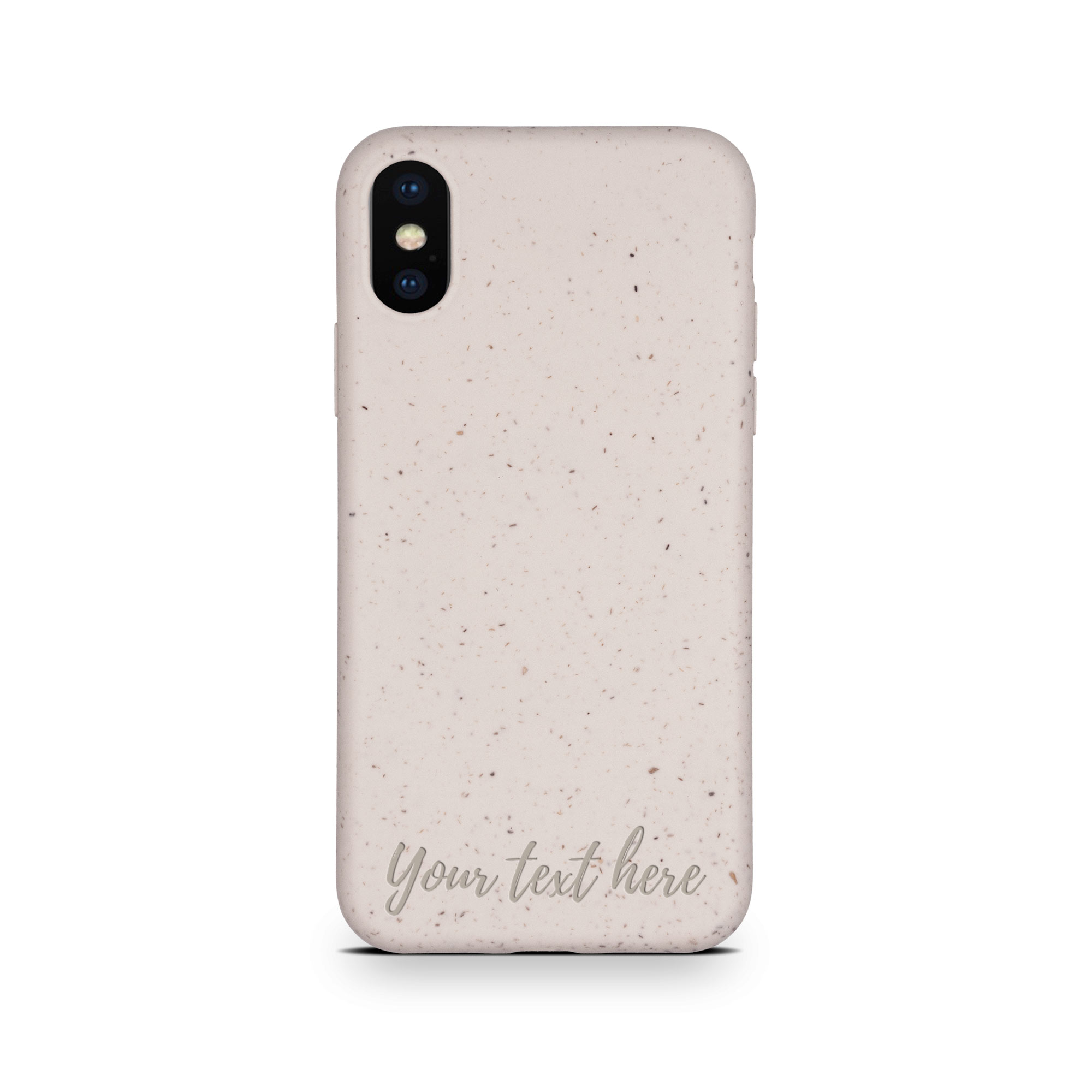 Biodegradable Personalized Phone Case in Natural White with unique text engraving, showcasing its eco-friendly design and modern style.