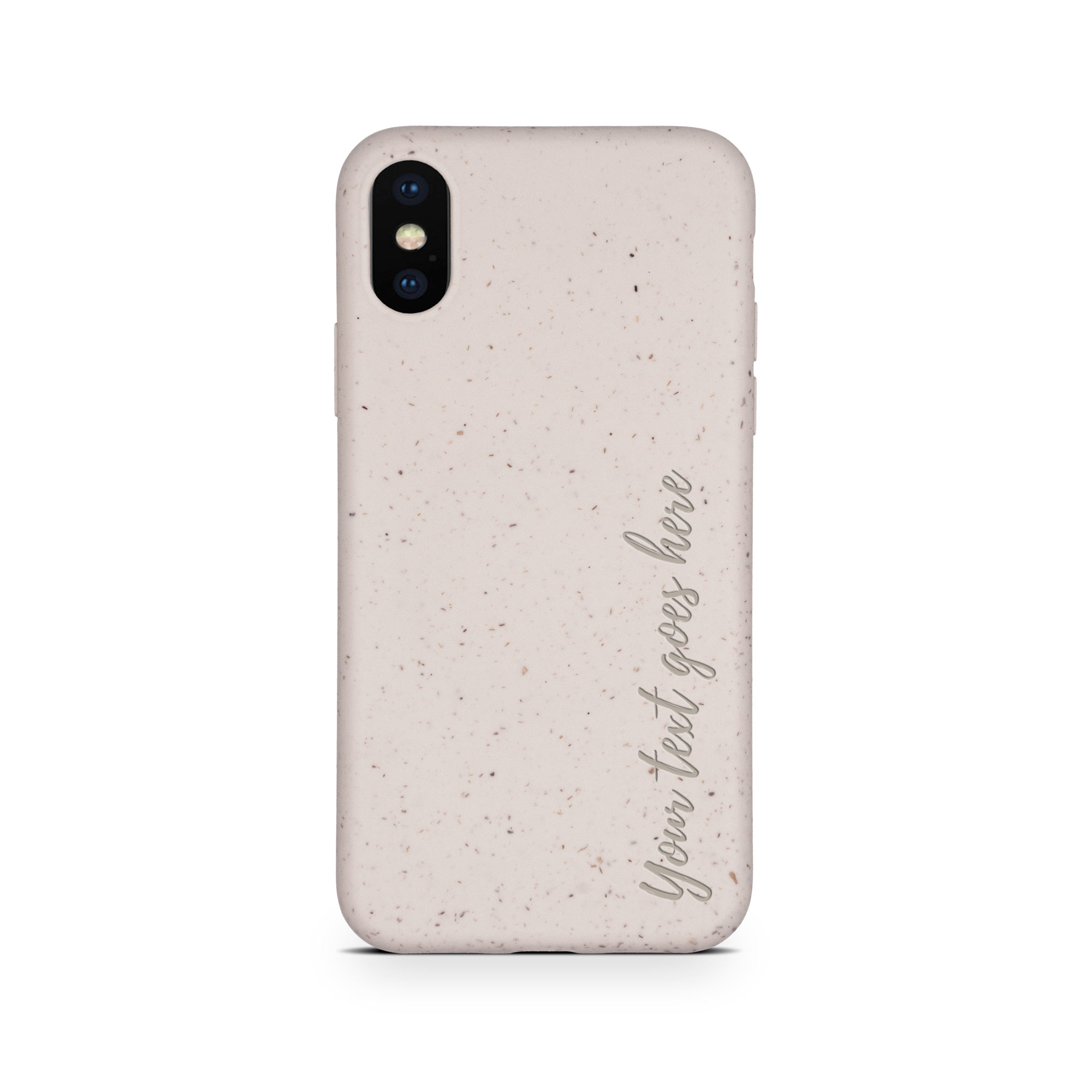 Biodegradable Personalized Phone Case in Natural White with unique text engraving, showcasing its eco-friendly design and modern style.