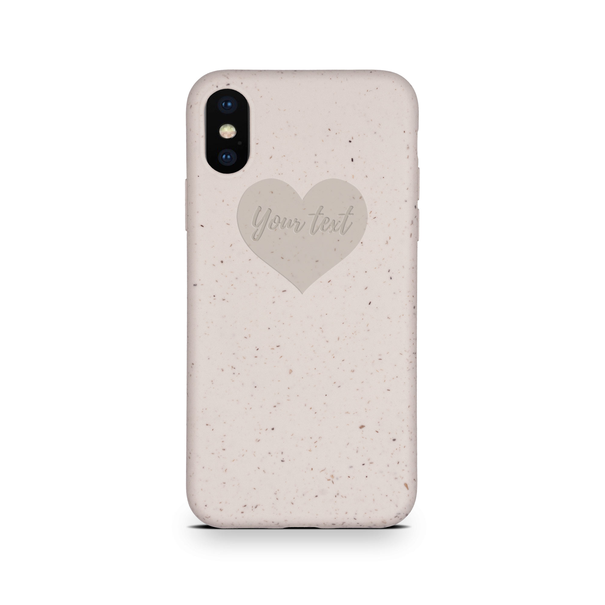 Biodegradable Personalized Phone Case in Natural White with unique text engraving, showcasing its eco-friendly design and modern style.
