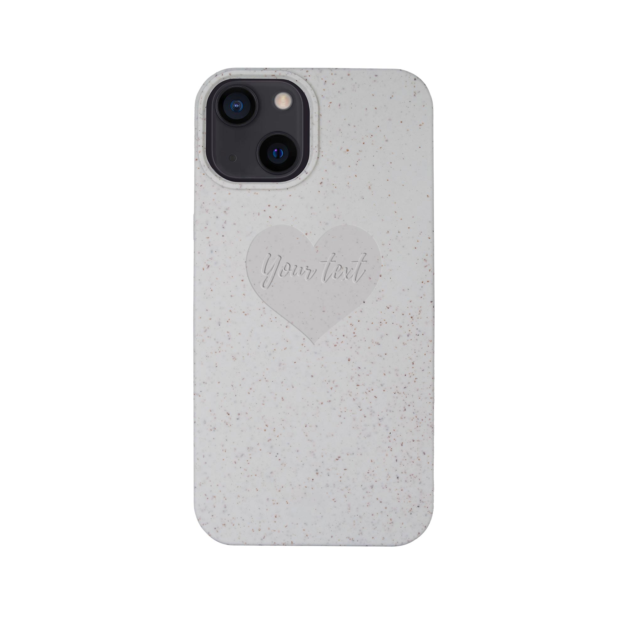 Biodegradable Personalized Phone Case in Natural White with unique text engraving, showcasing its eco-friendly design and modern style.