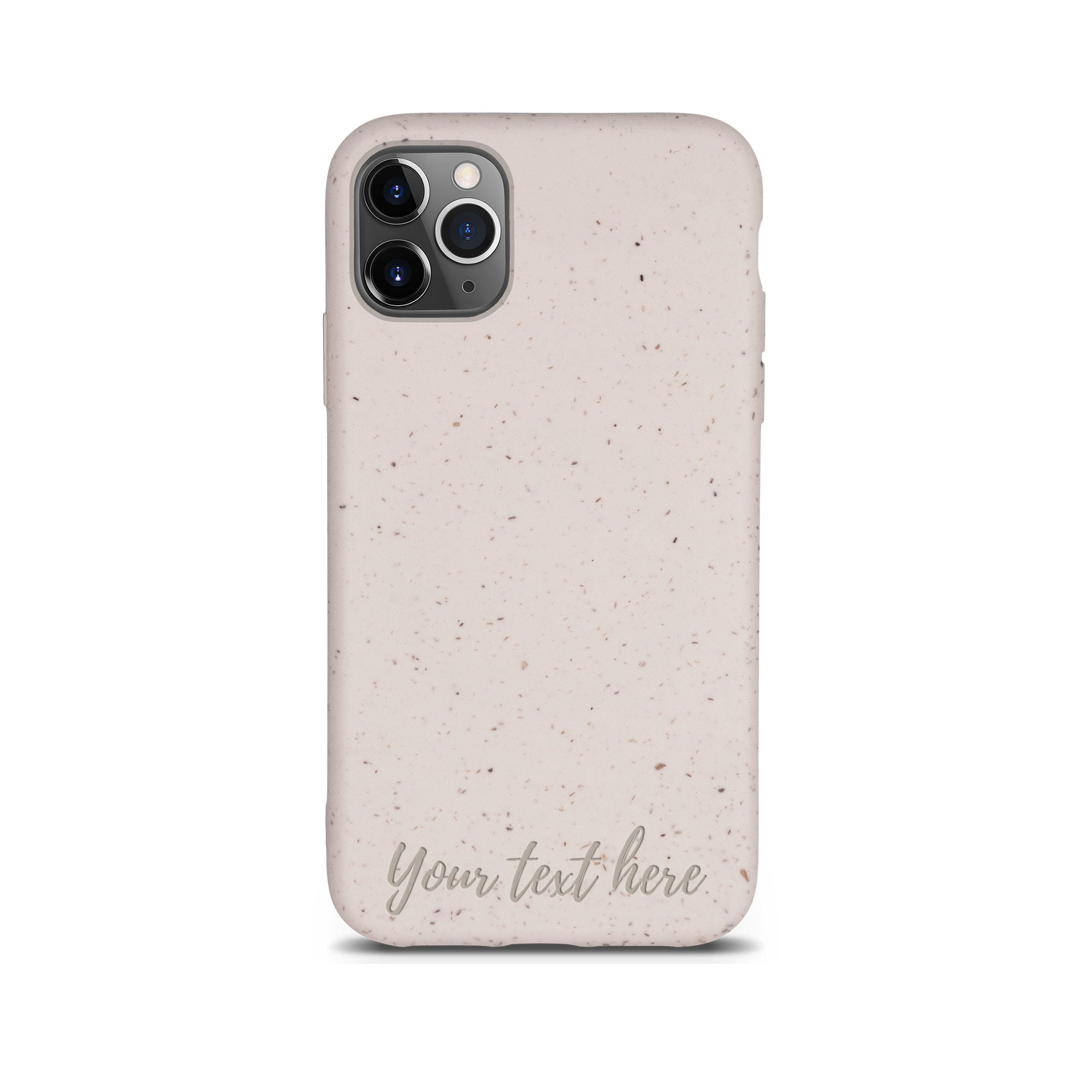 Biodegradable Personalized Phone Case in Natural White with unique text engraving, showcasing its eco-friendly design and modern style.