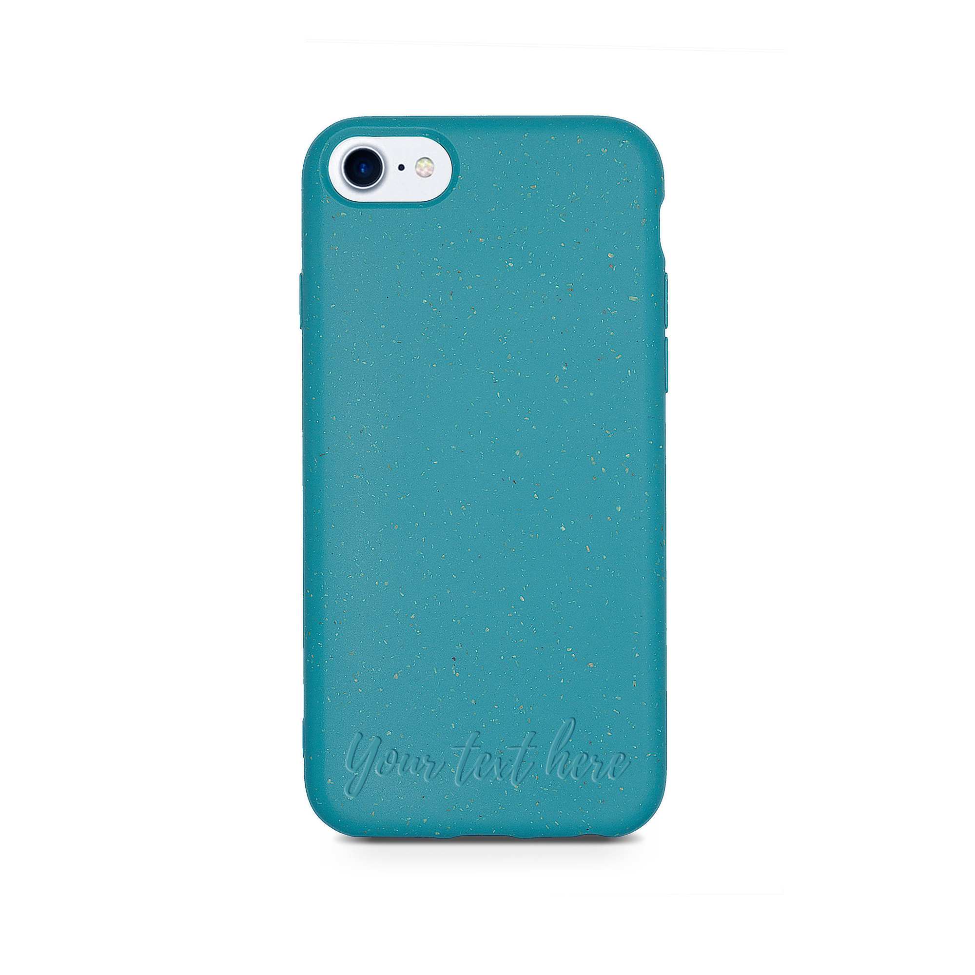 Biodegradable personalized phone case in ocean blue with unique text engraving, showcasing eco-friendly design and modern style.