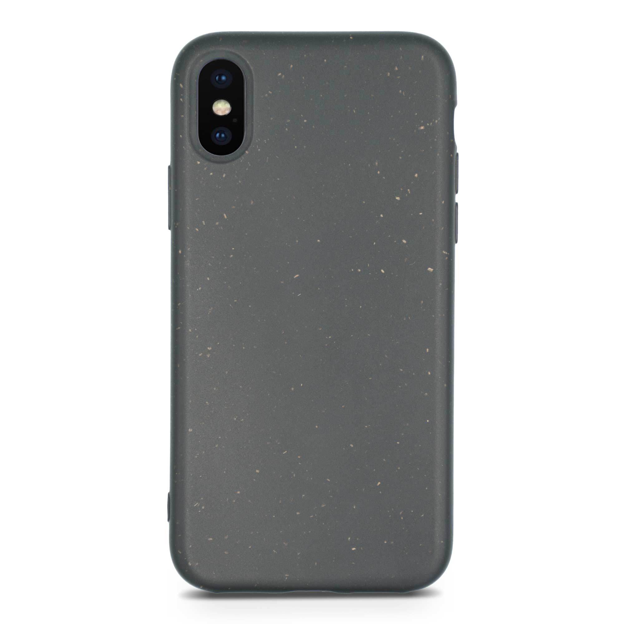 Black biodegradable phone case made from plant-based materials, showcasing its sleek design and natural texture.