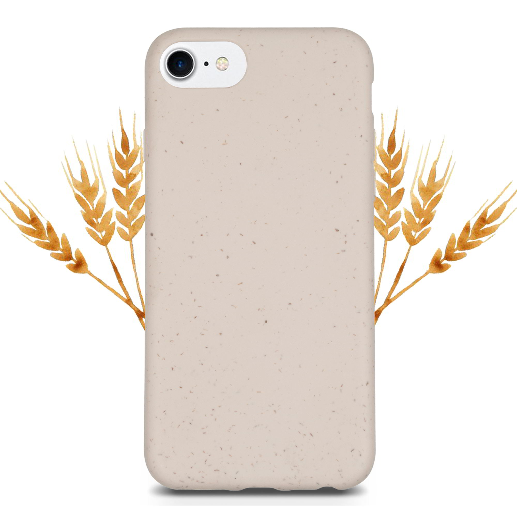 Biodegradable phone case in natural white color, showcasing its eco-friendly design with wheat speckles and a slim profile.