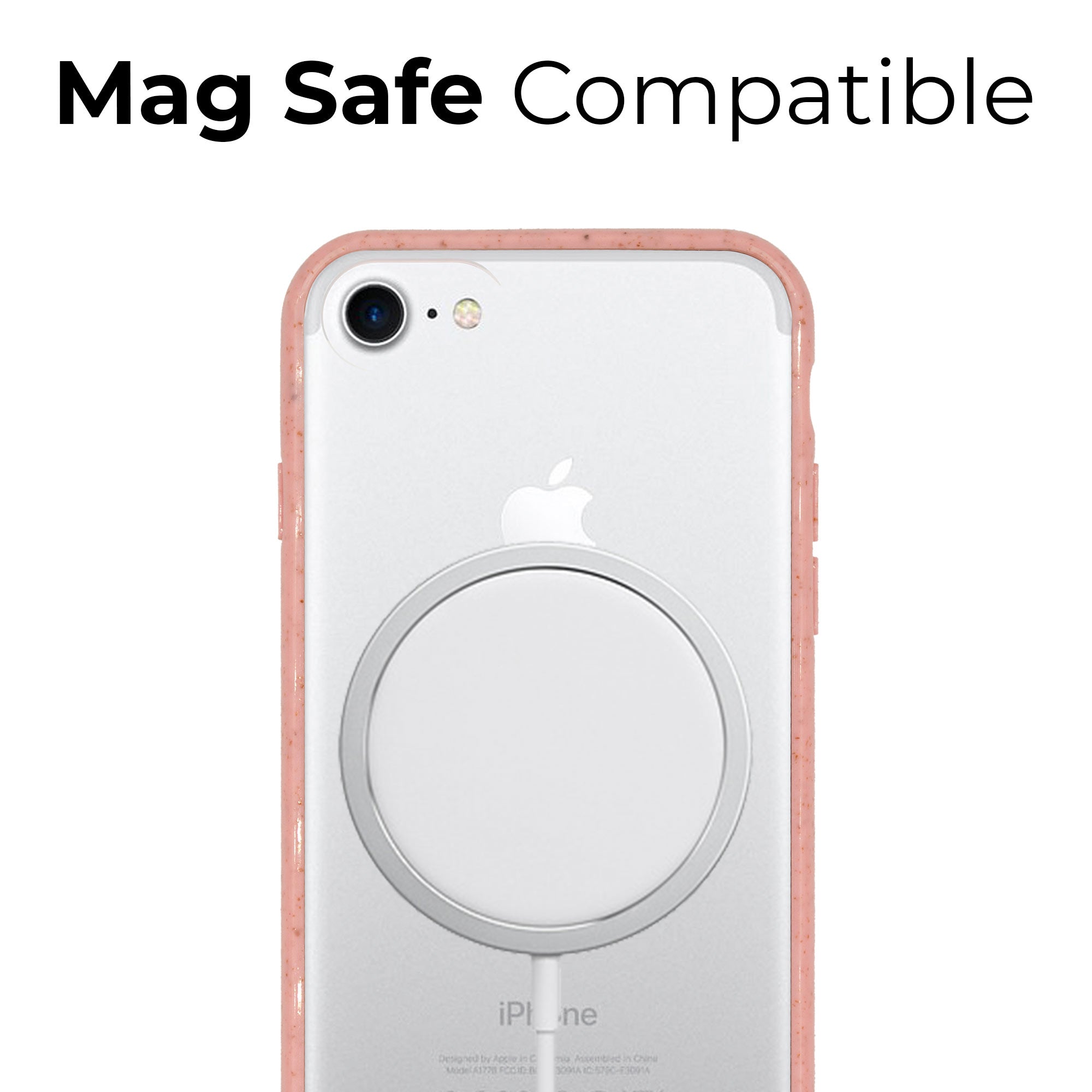 Transparent pink biodegradable phone case with a natural texture and wheat speckles, showcasing eco-friendly design.