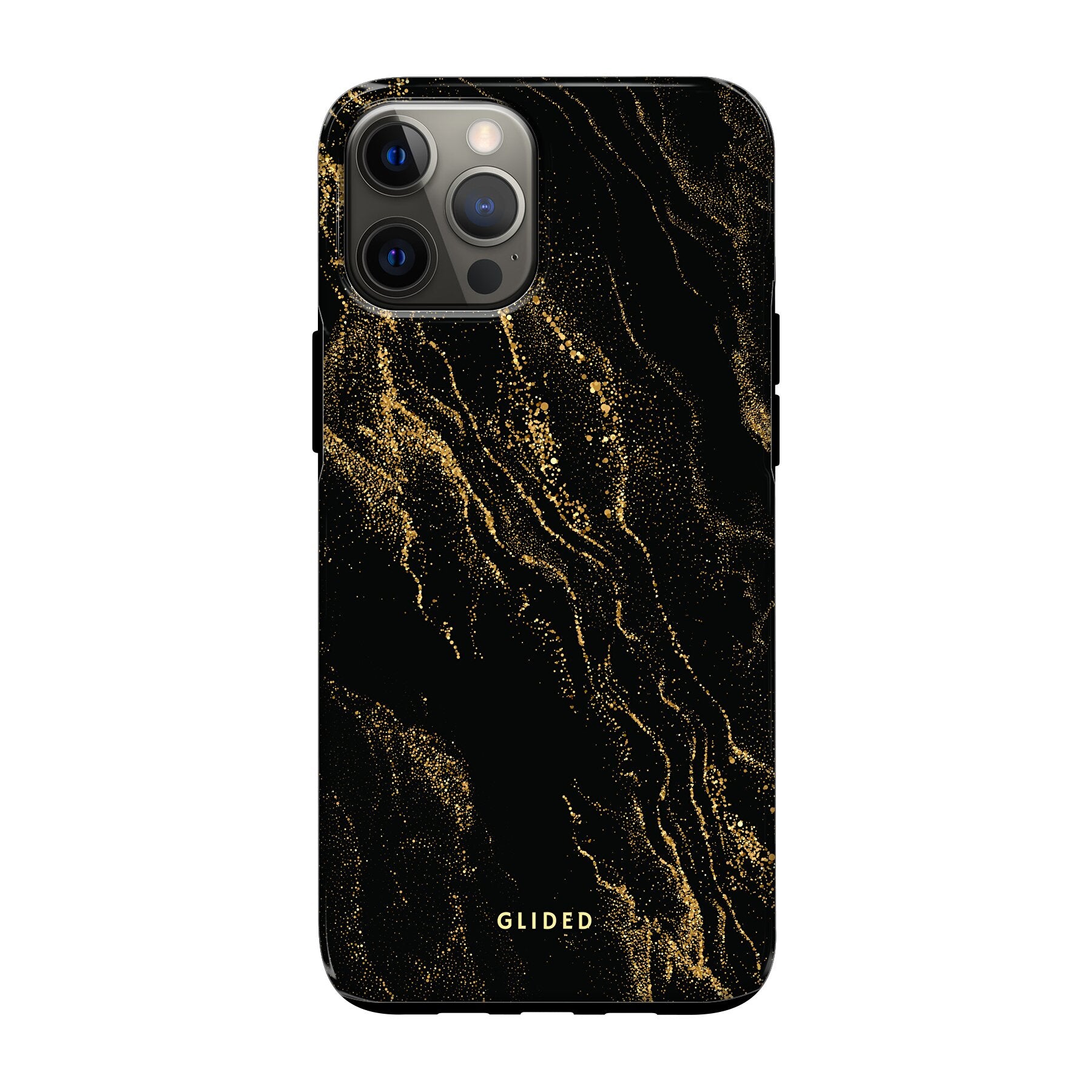 Elegante Black Marble iPhone 12 Pro Handyhülle mit schwarzem Marmordesign, bietet stilvollen Schutz und präzise Aussparungen.