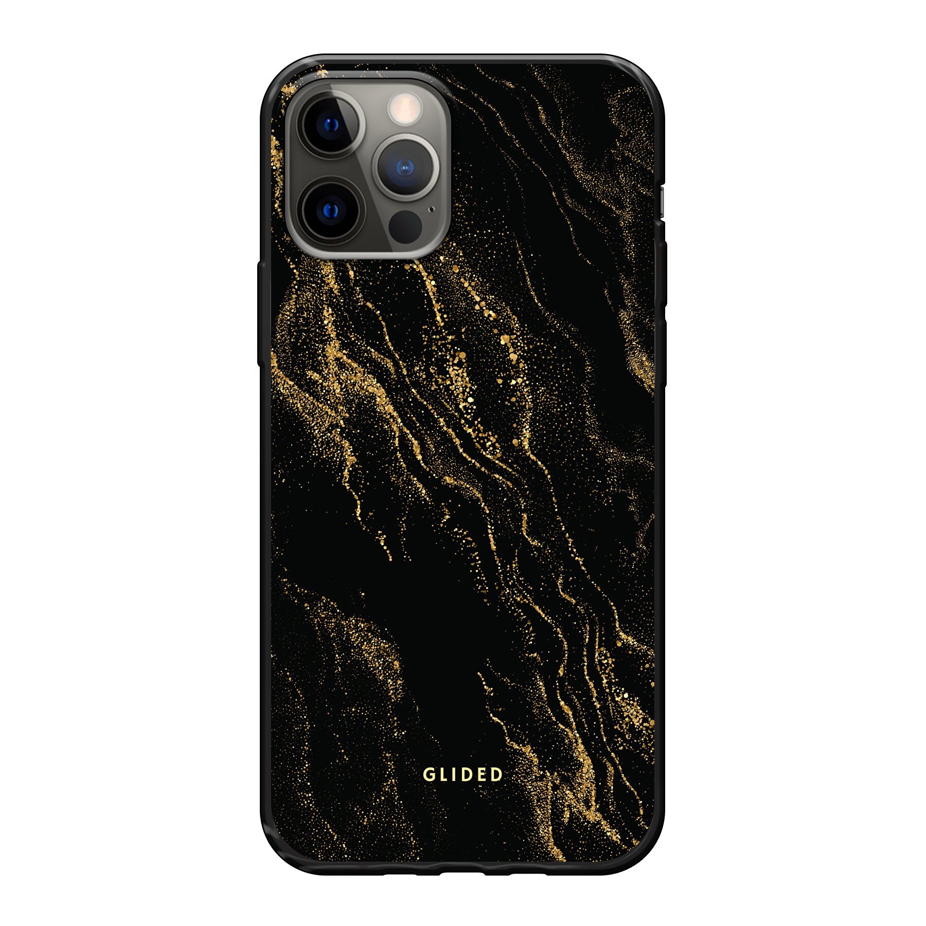 Elegante Black Marble iPhone 12 Pro Handyhülle mit schwarzem Marmordesign, bietet stilvollen Schutz und präzise Aussparungen.