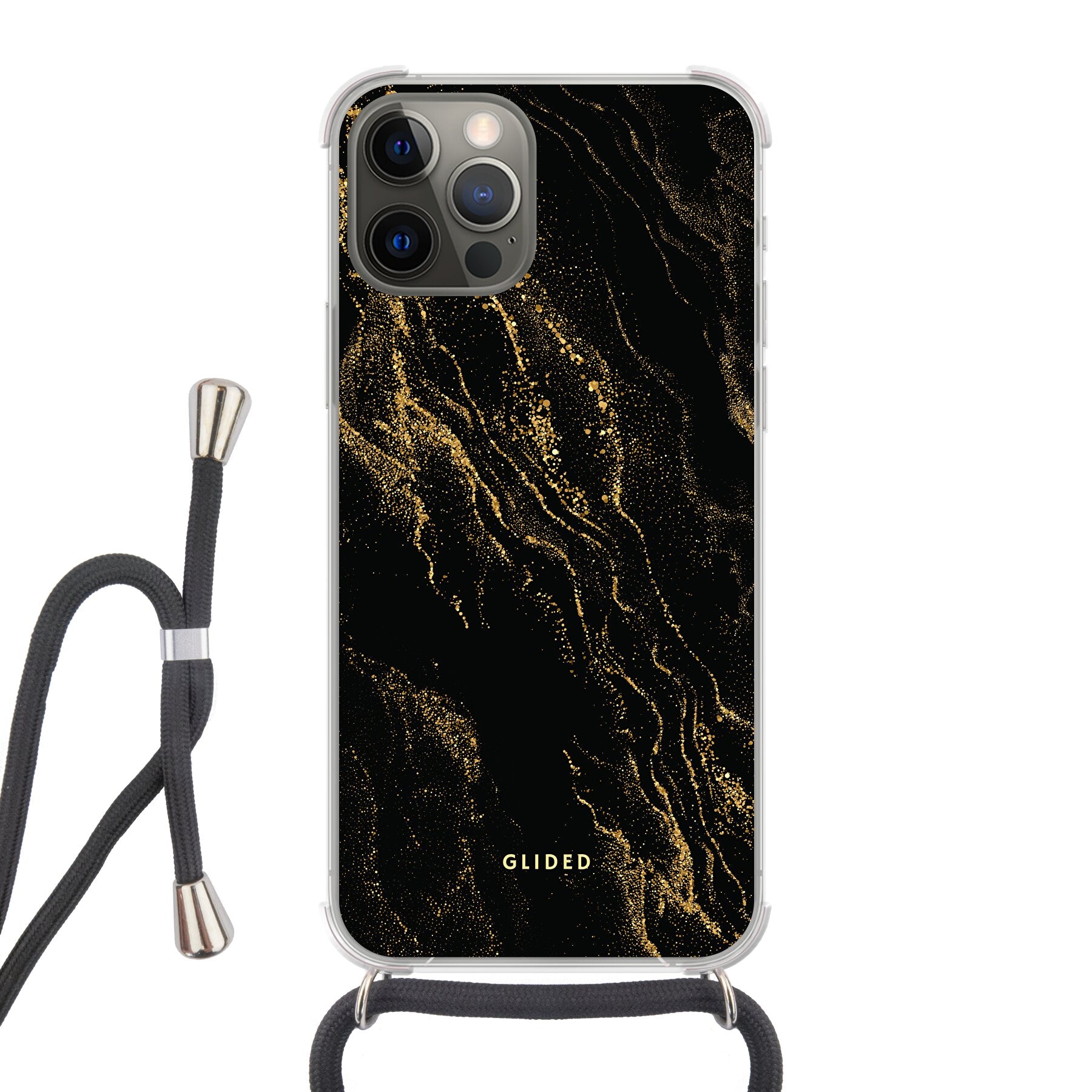 Elegante Black Marble iPhone 12 Pro Handyhülle mit schwarzem Marmordesign, bietet stilvollen Schutz und präzise Aussparungen.
