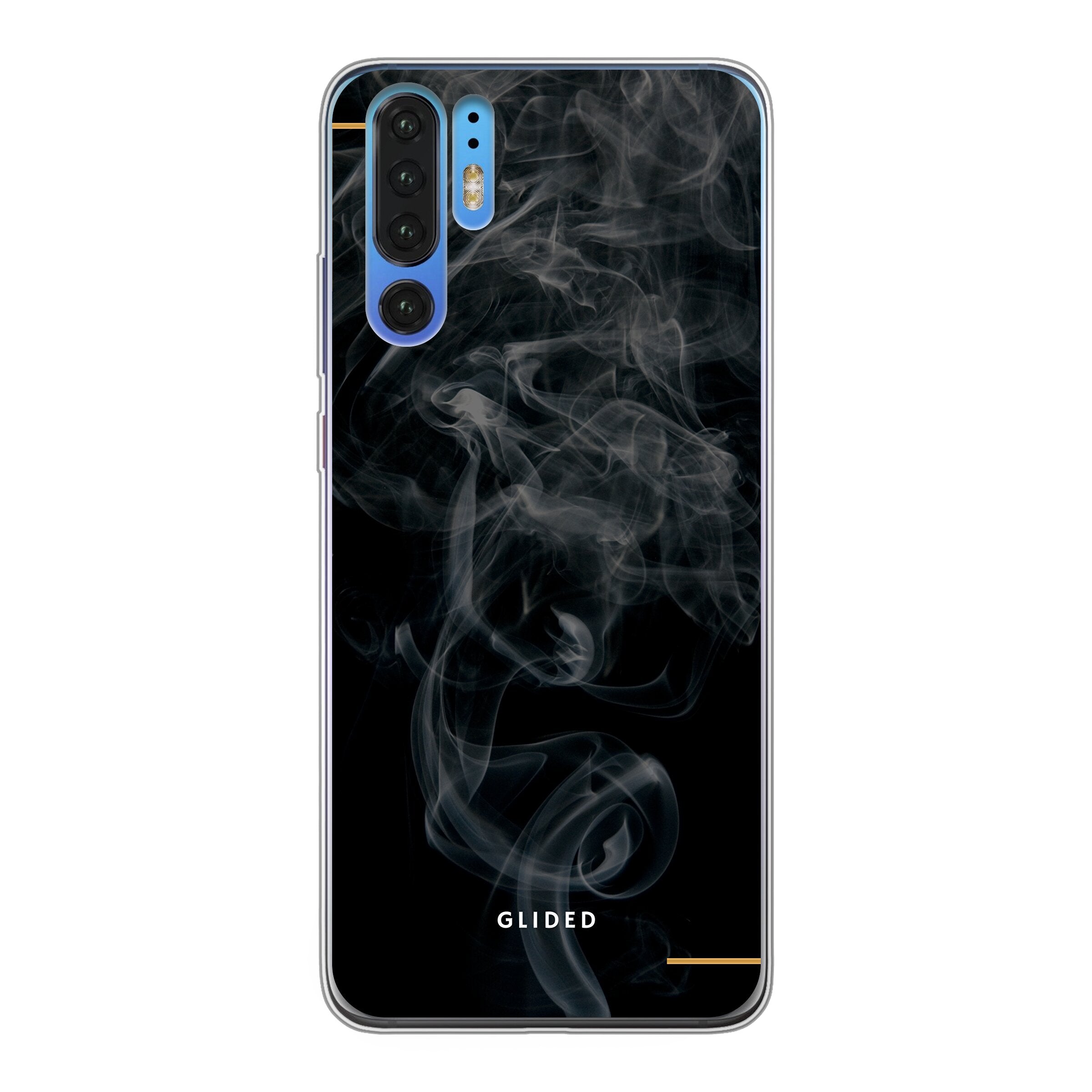 Schwarze Handyhülle für Huawei P30 Pro mit mysteriösem Rauchdesign auf dunklem Hintergrund.