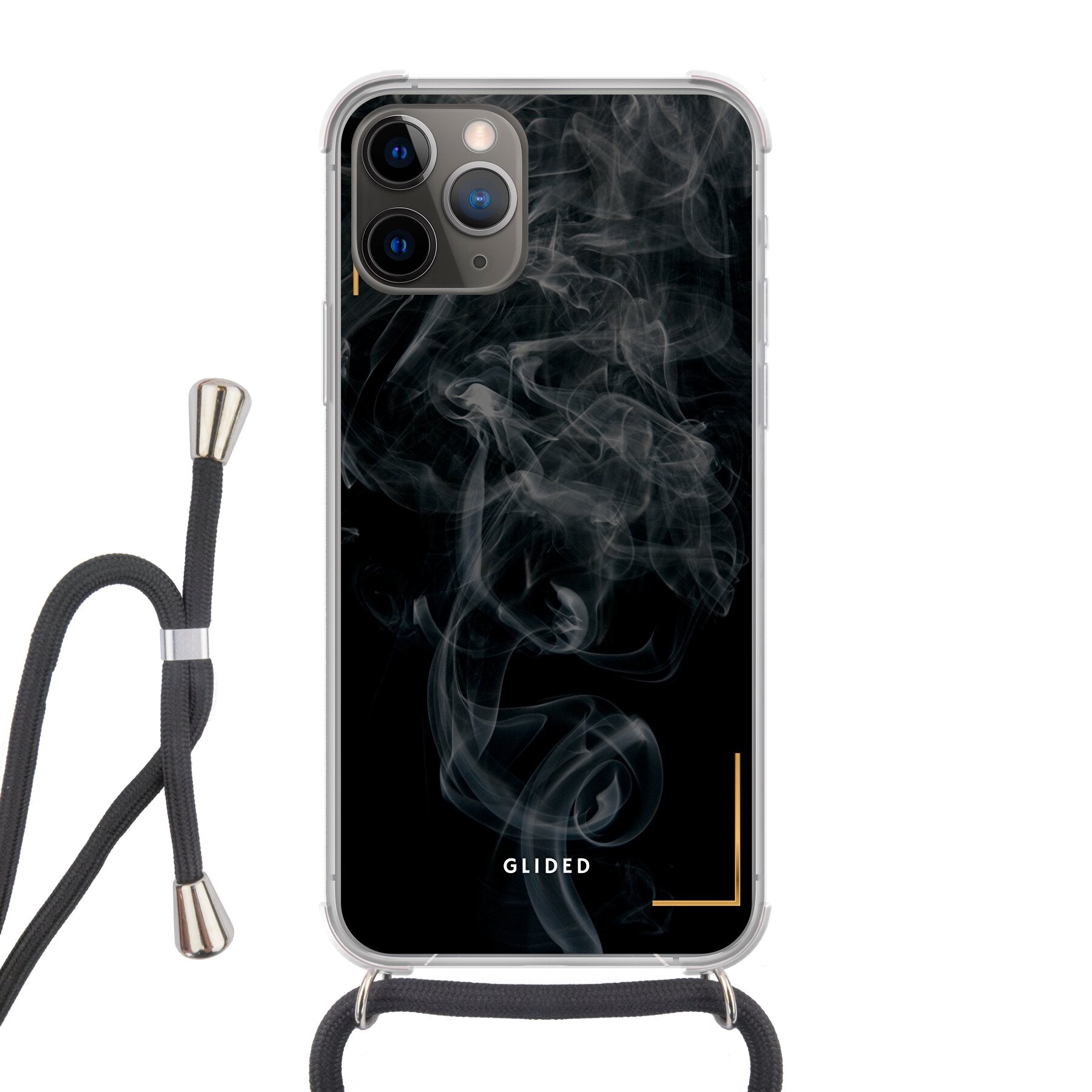 Schwarze iPhone 11 Pro Handyhülle mit mysteriösem Rauchdesign auf dunklem Hintergrund, stilvoll und schützend.