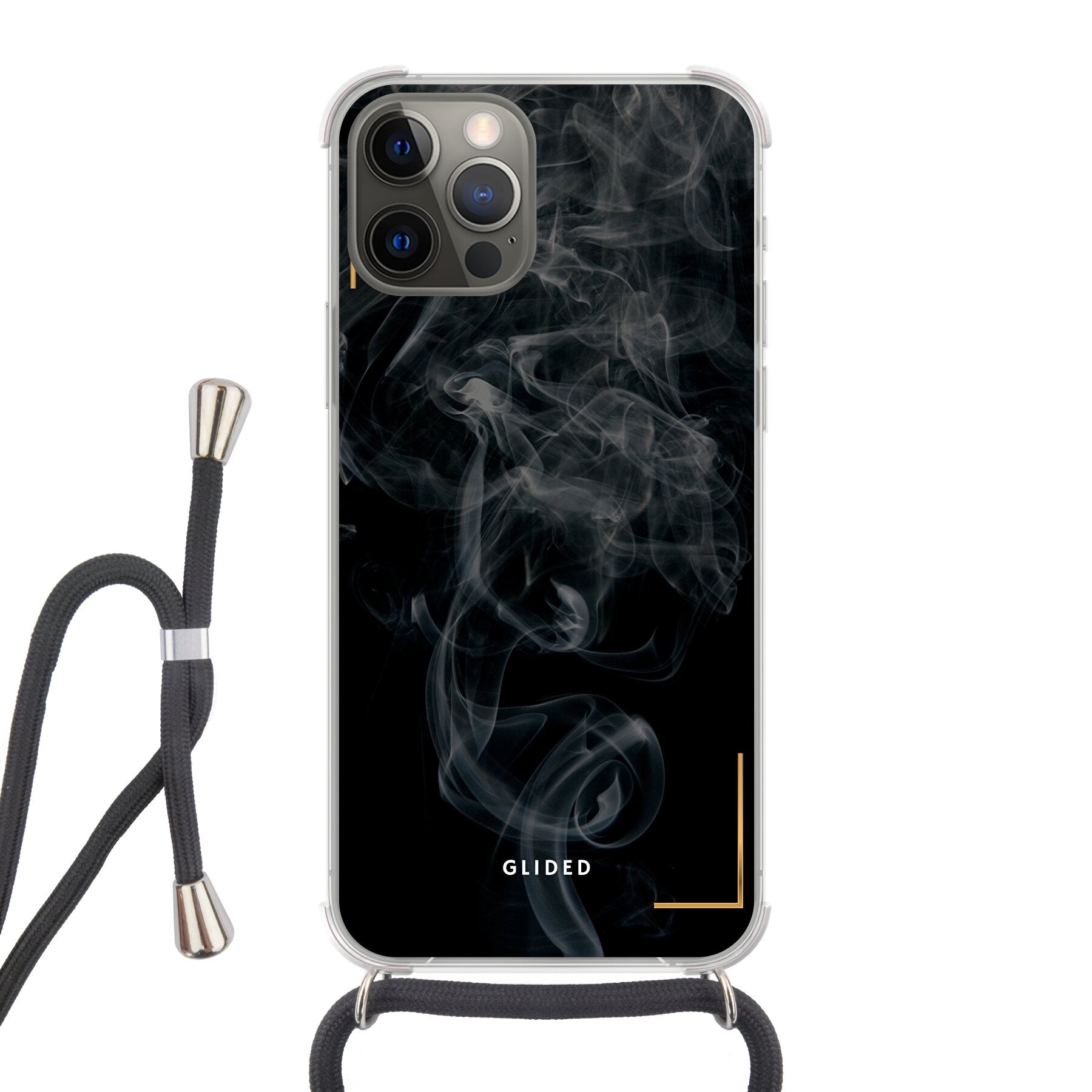 Die 'Black Mystery' iPhone 12 Handyhülle mit geheimnisvollem Rauchdesign auf dunklem Hintergrund, ideal für stilvollen Schutz.