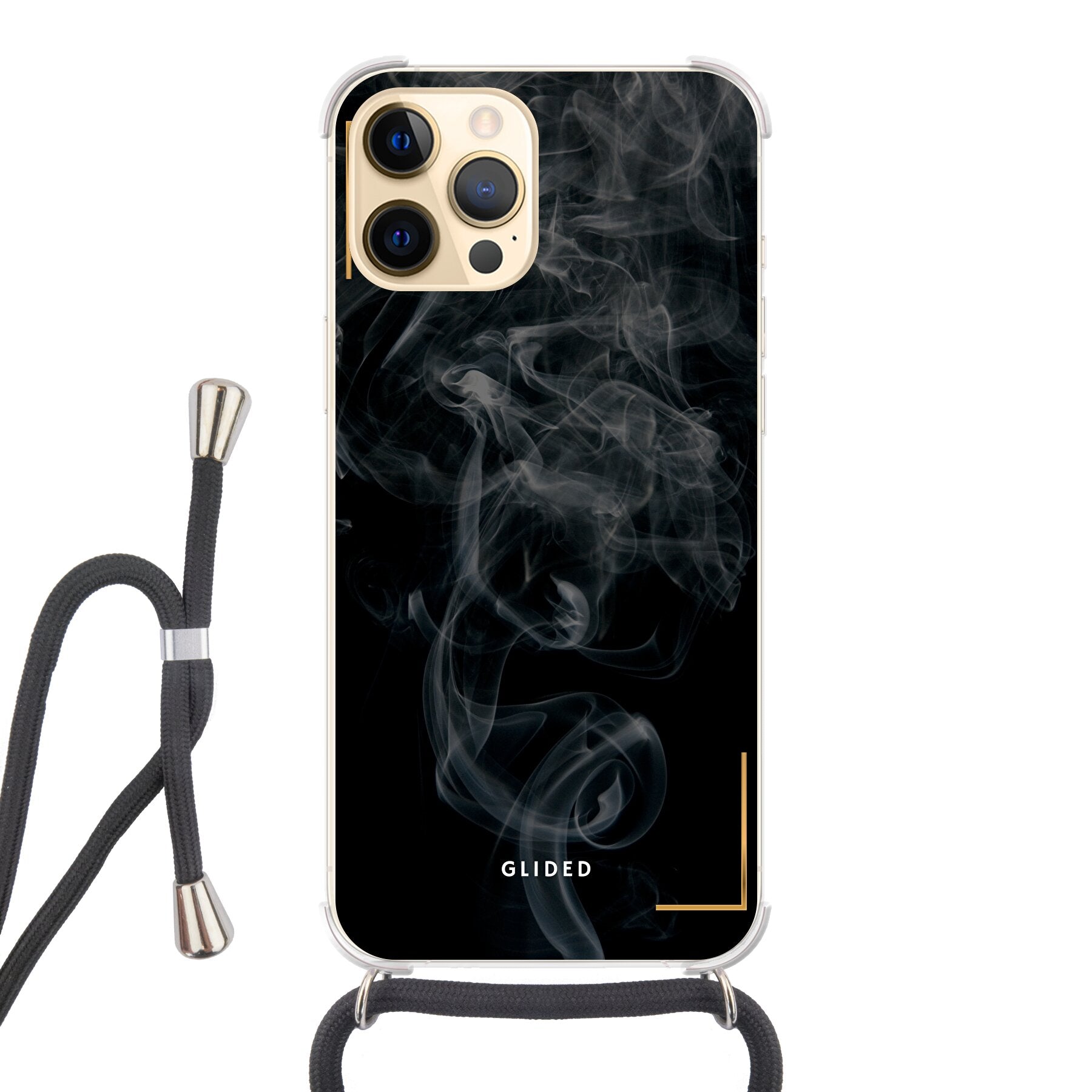 Schwarze Handyhülle für iPhone 12 Pro Max mit mysteriösem Rauchdesign auf dunklem Hintergrund.