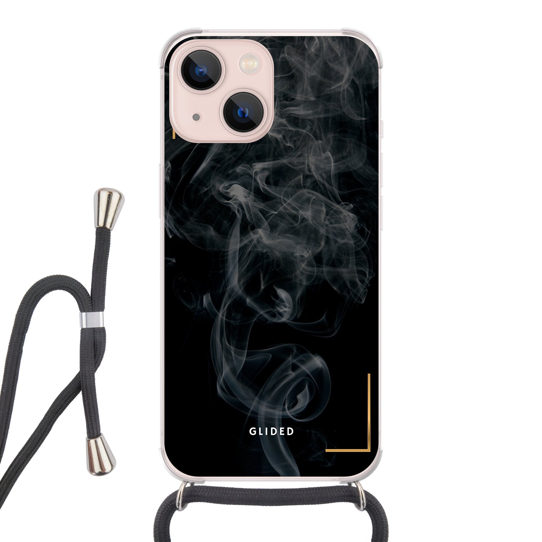 Schwarze Handyhülle für iPhone 13 mini mit mysteriösem Rauchdesign auf dunklem Hintergrund.