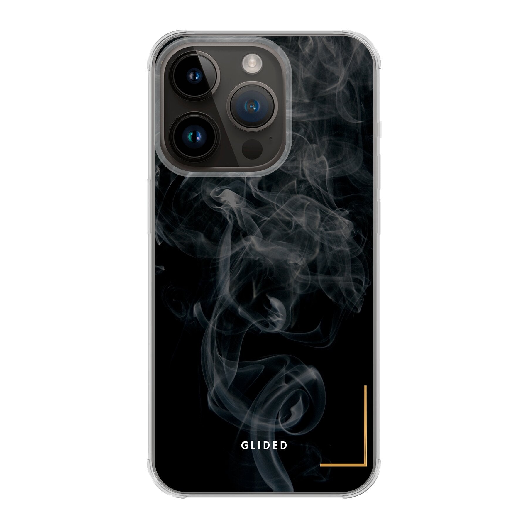 Schwarze iPhone 14 Pro Handyhülle mit mysteriösem Rauchdesign, elegant und stilvoll.