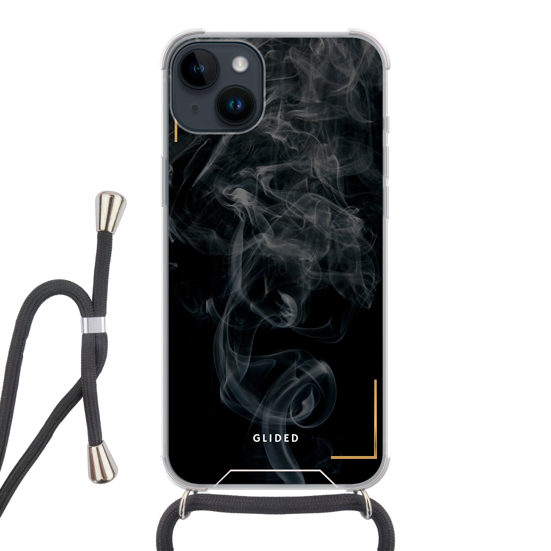 Schwarze iPhone 14 Pro Handyhülle mit mysteriösem Rauchdesign, elegant und stilvoll.