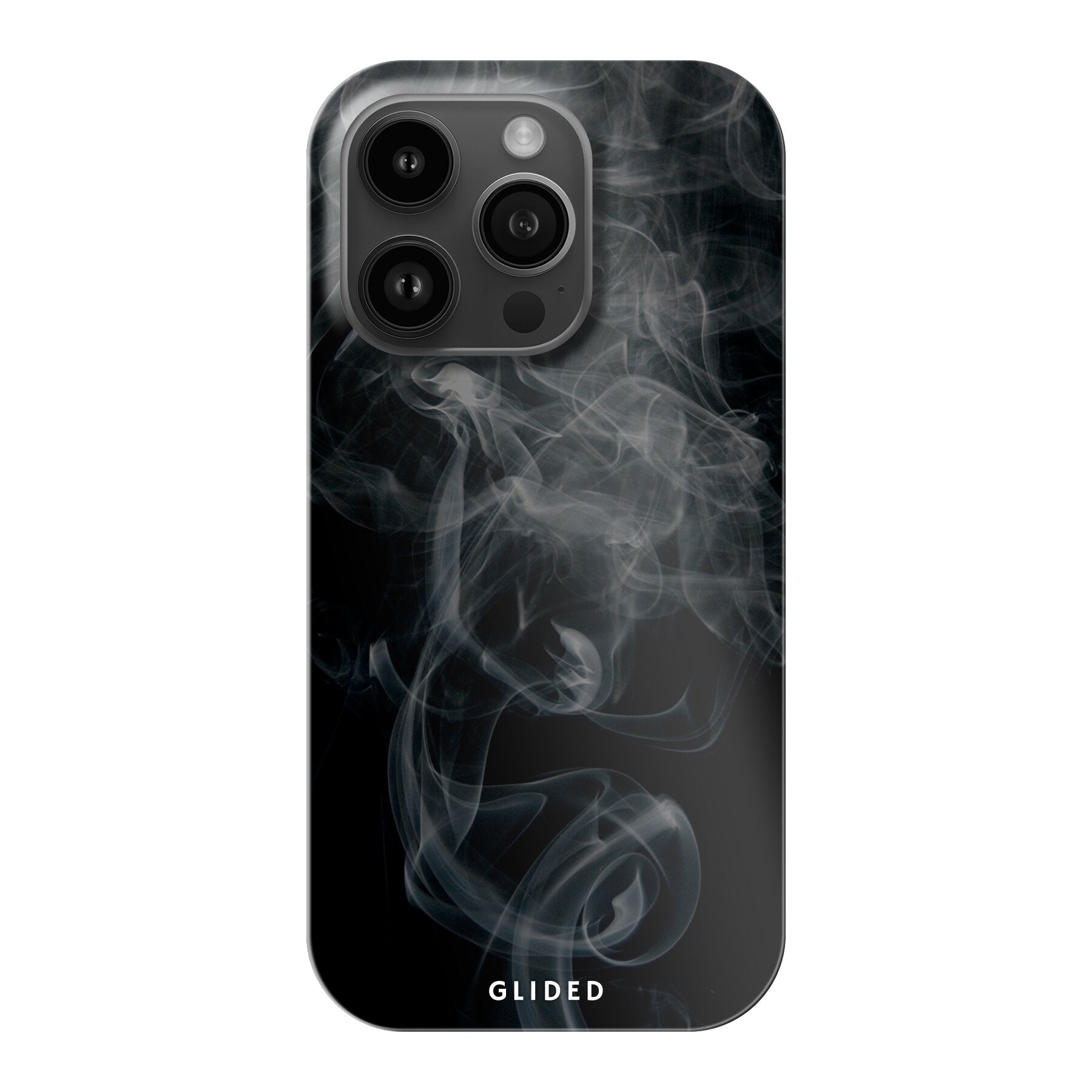 Schwarze iPhone 14 Pro Handyhülle mit mysteriösem Rauchdesign, elegant und stilvoll.