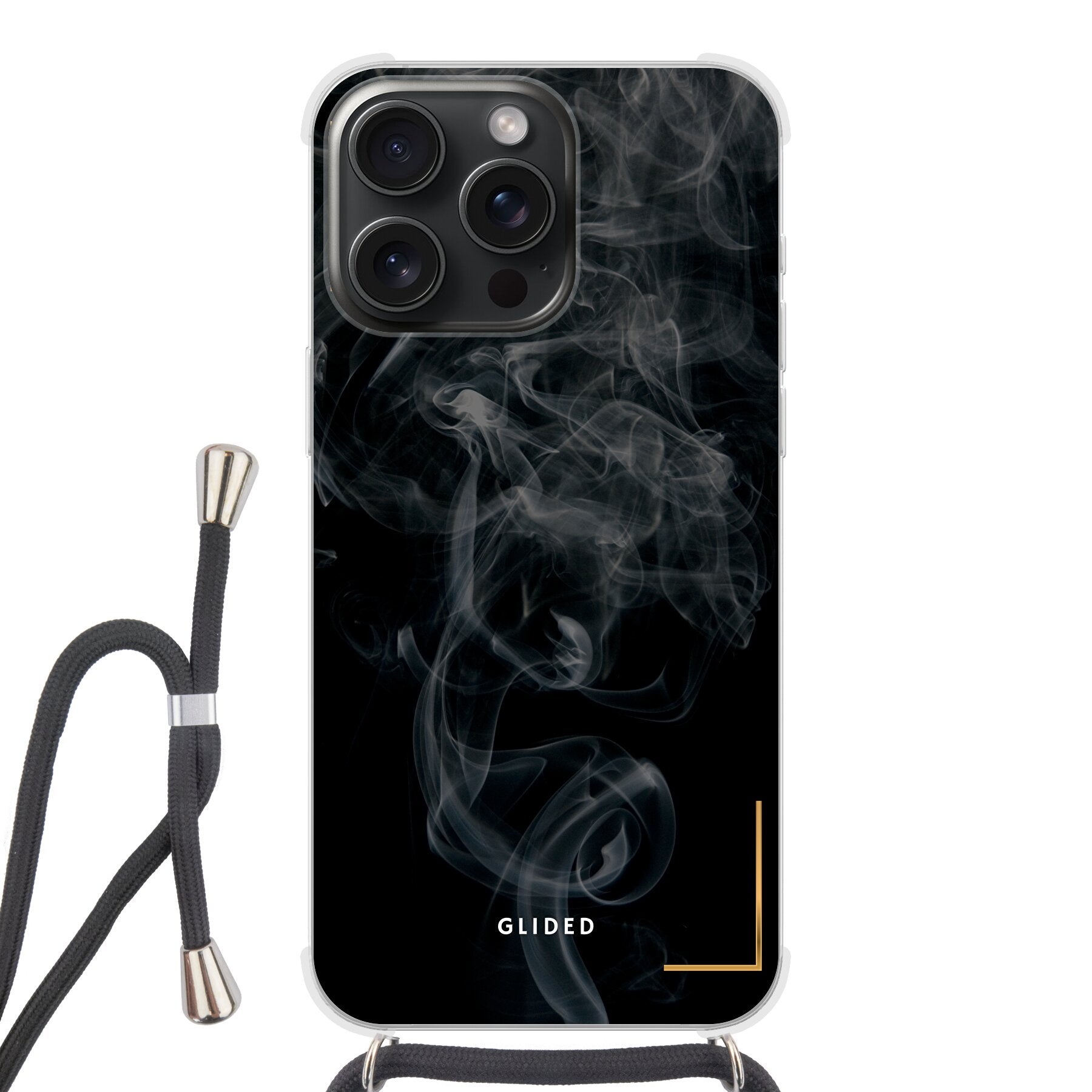 Schwarze iPhone 15 Pro Handyhülle mit mysteriösem Rauchdesign, elegant und stilvoll.