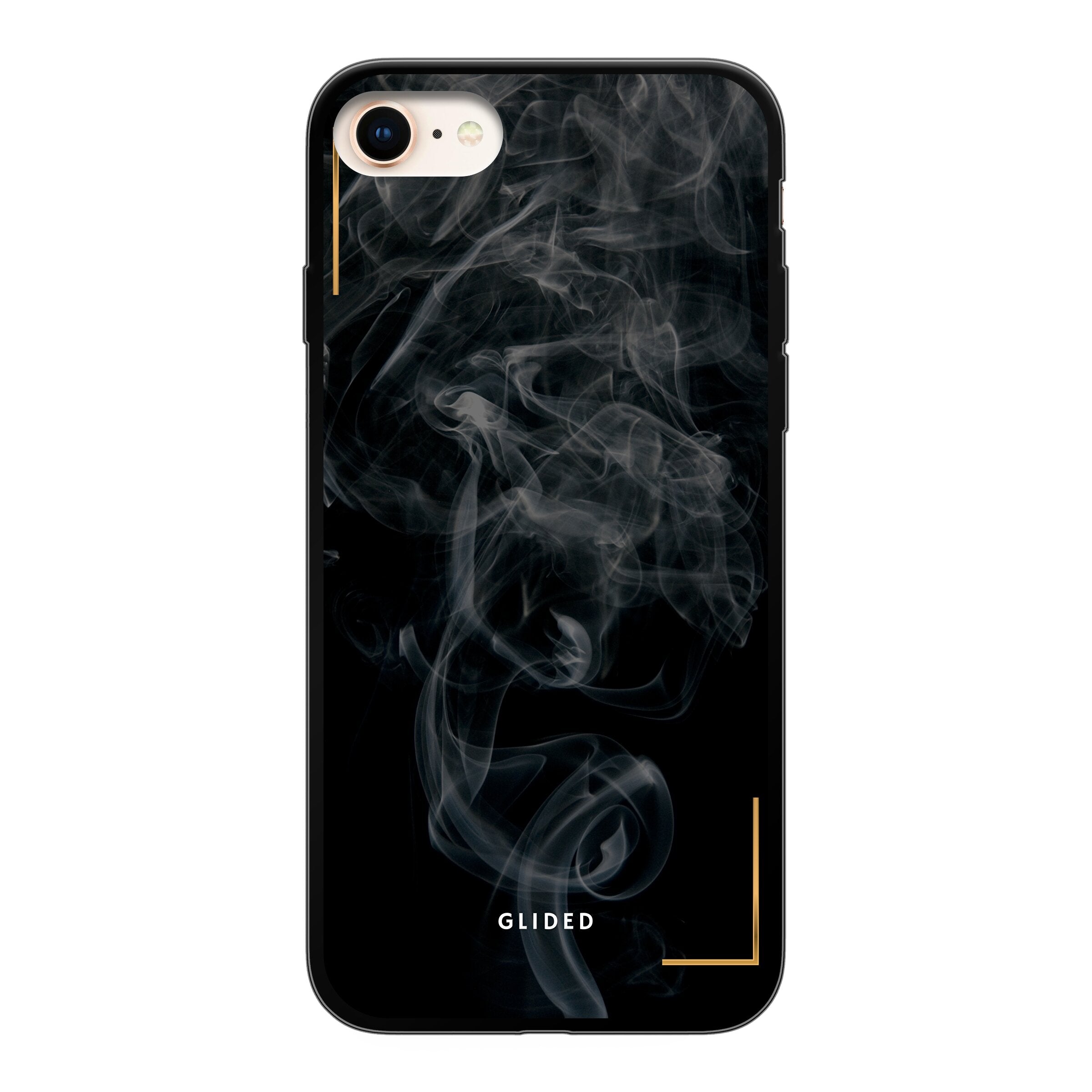 Elegante Black Mystery iPhone 8 Handyhülle mit geheimnisvollem Rauchdesign auf dunklem Hintergrund.