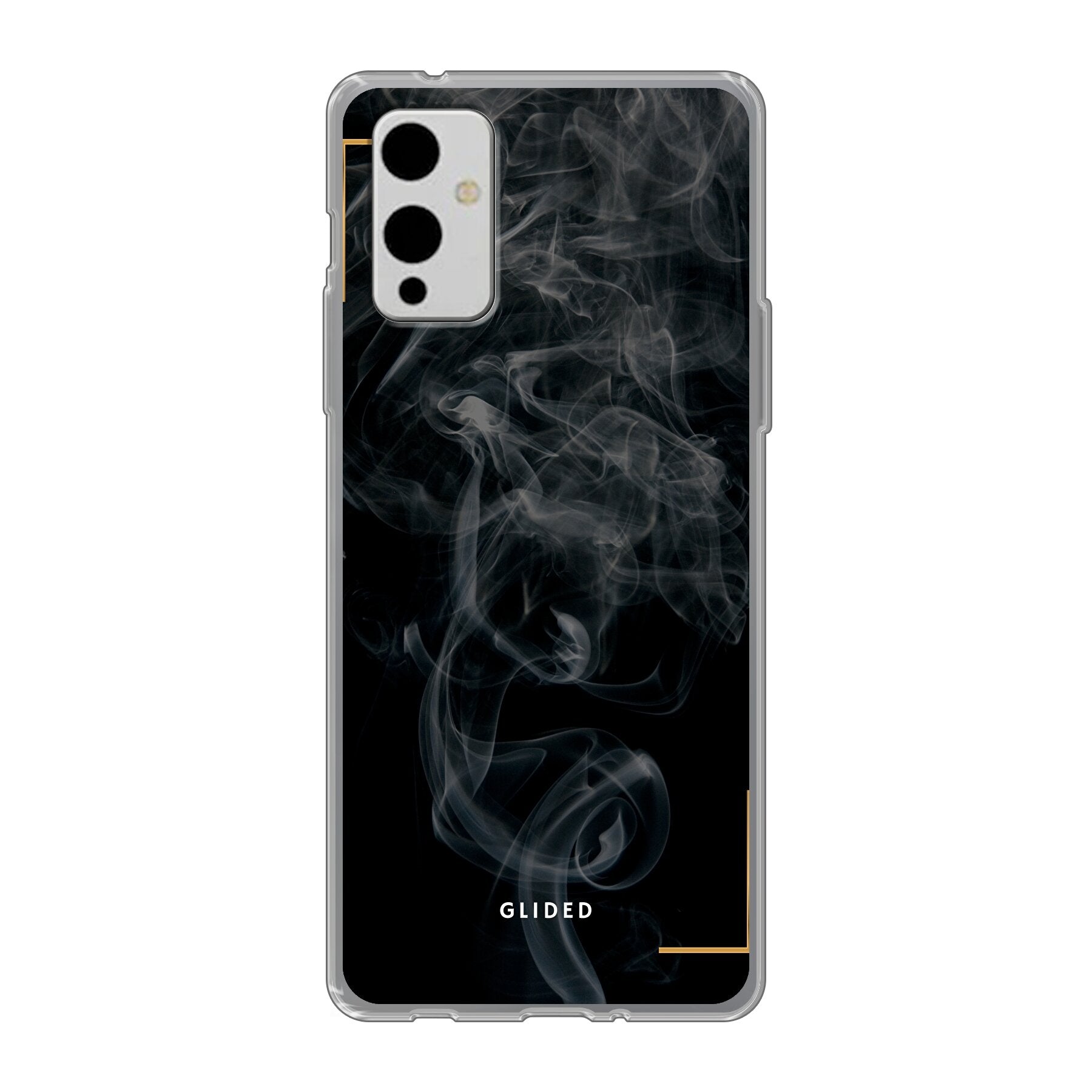 Black Mystery Handyhülle für OnePlus 9 mit geheimnisvollem Rauchdesign auf dunklem Hintergrund.
