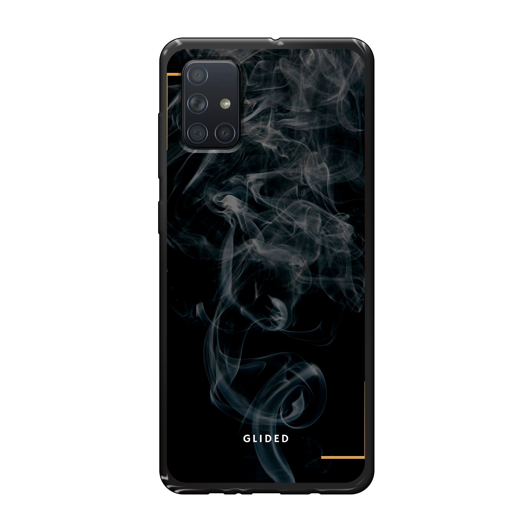 Schwarze Handyhülle für Samsung Galaxy A71 mit mysteriösem Rauchdesign auf dunklem Hintergrund.