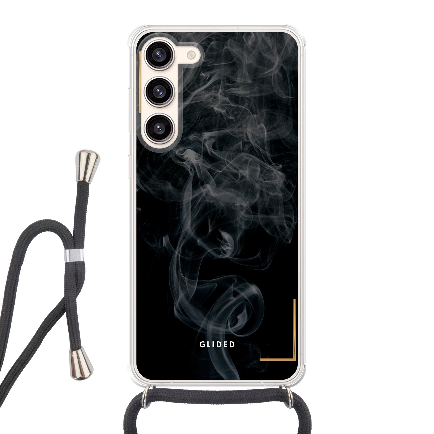 Die 'Black Mystery' Handyhülle für Samsung Galaxy S23 Plus mit geheimnisvollem Rauchdesign auf dunklem Hintergrund.