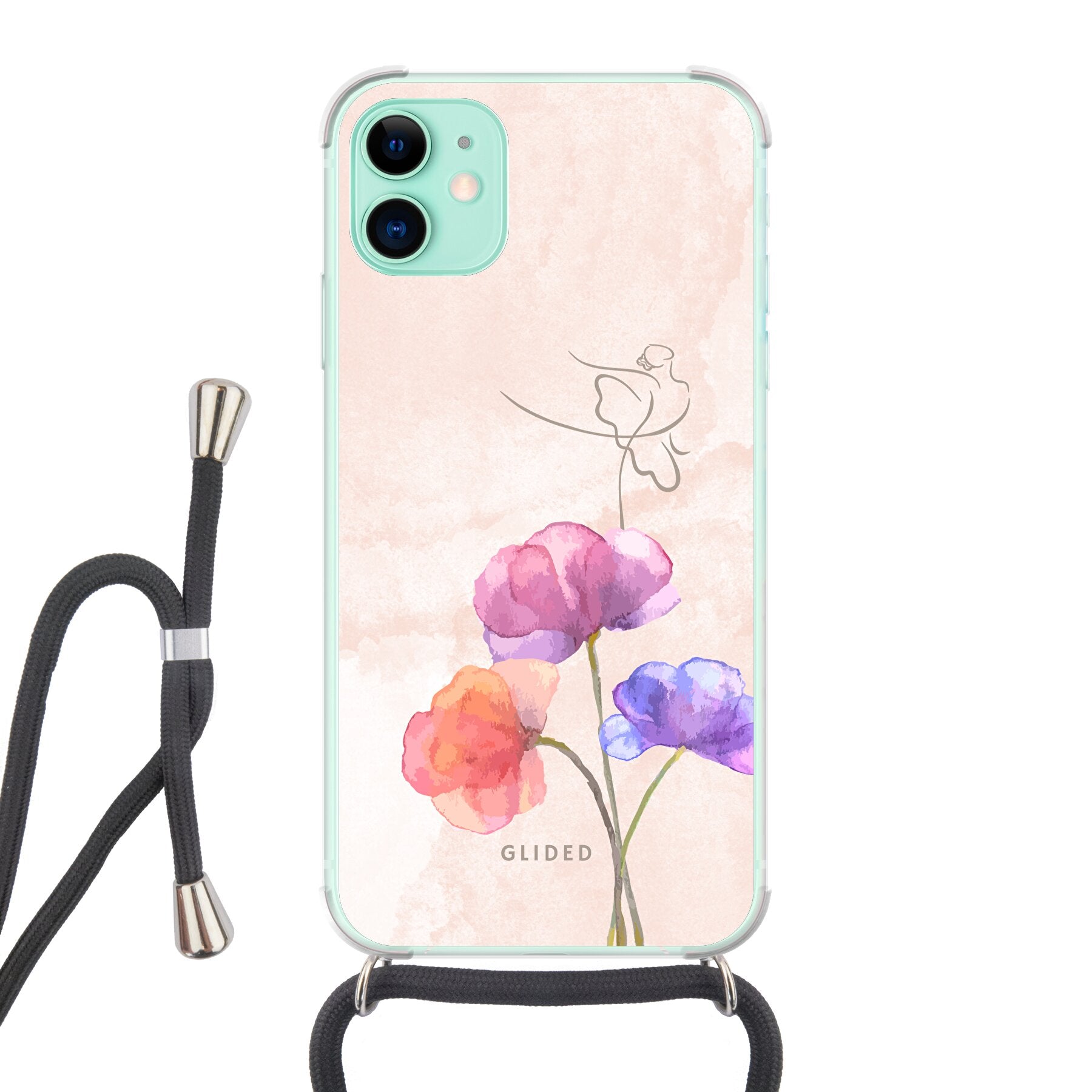 Blossom iPhone 11 Handyhülle mit zartem Ballerina-Design auf einer Blume in Pastellfarben, ideal für stilvollen Schutz.