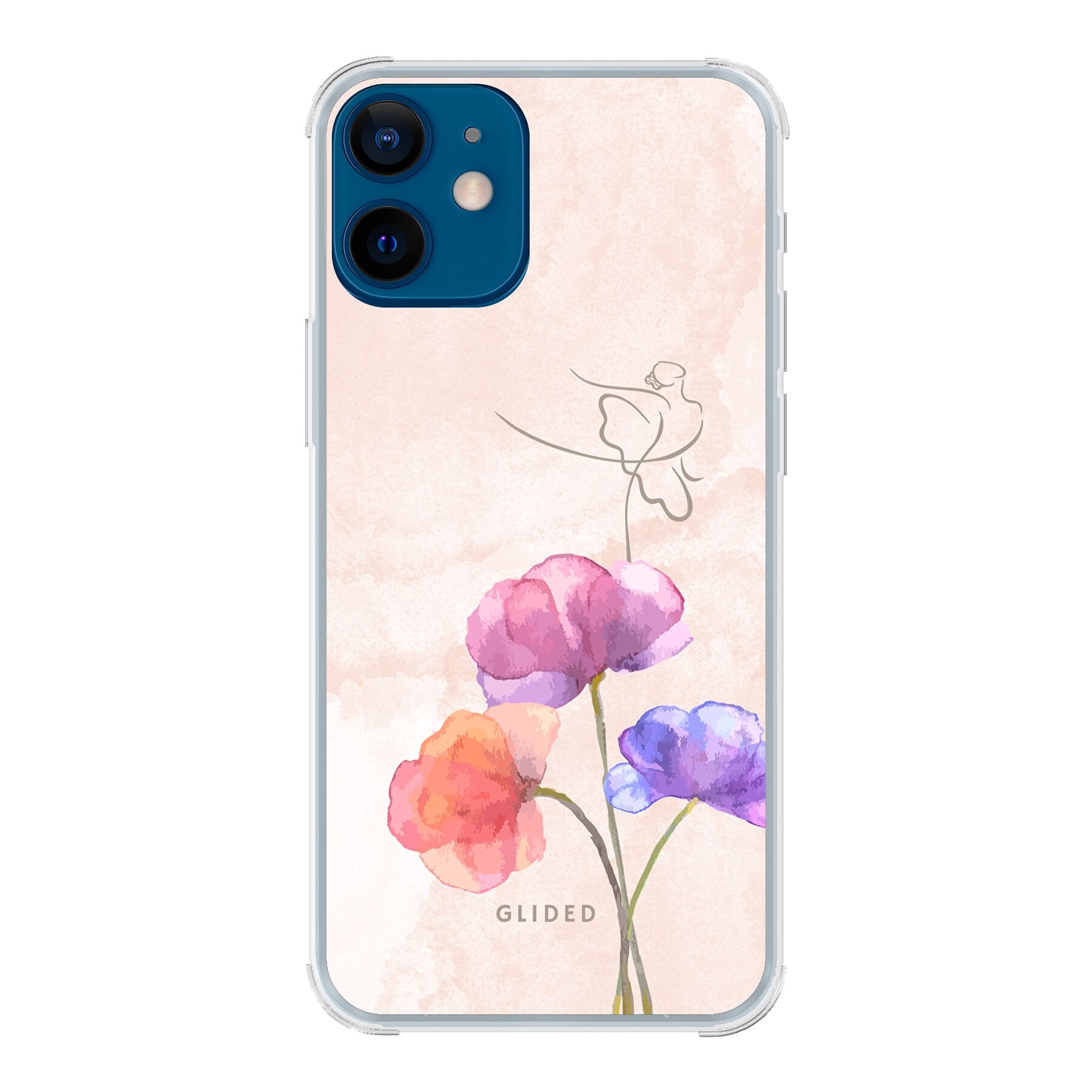 Blossom iPhone 12 mini Handyhülle mit Ballerina-Design in zarten Pastellfarben auf einer Blume.