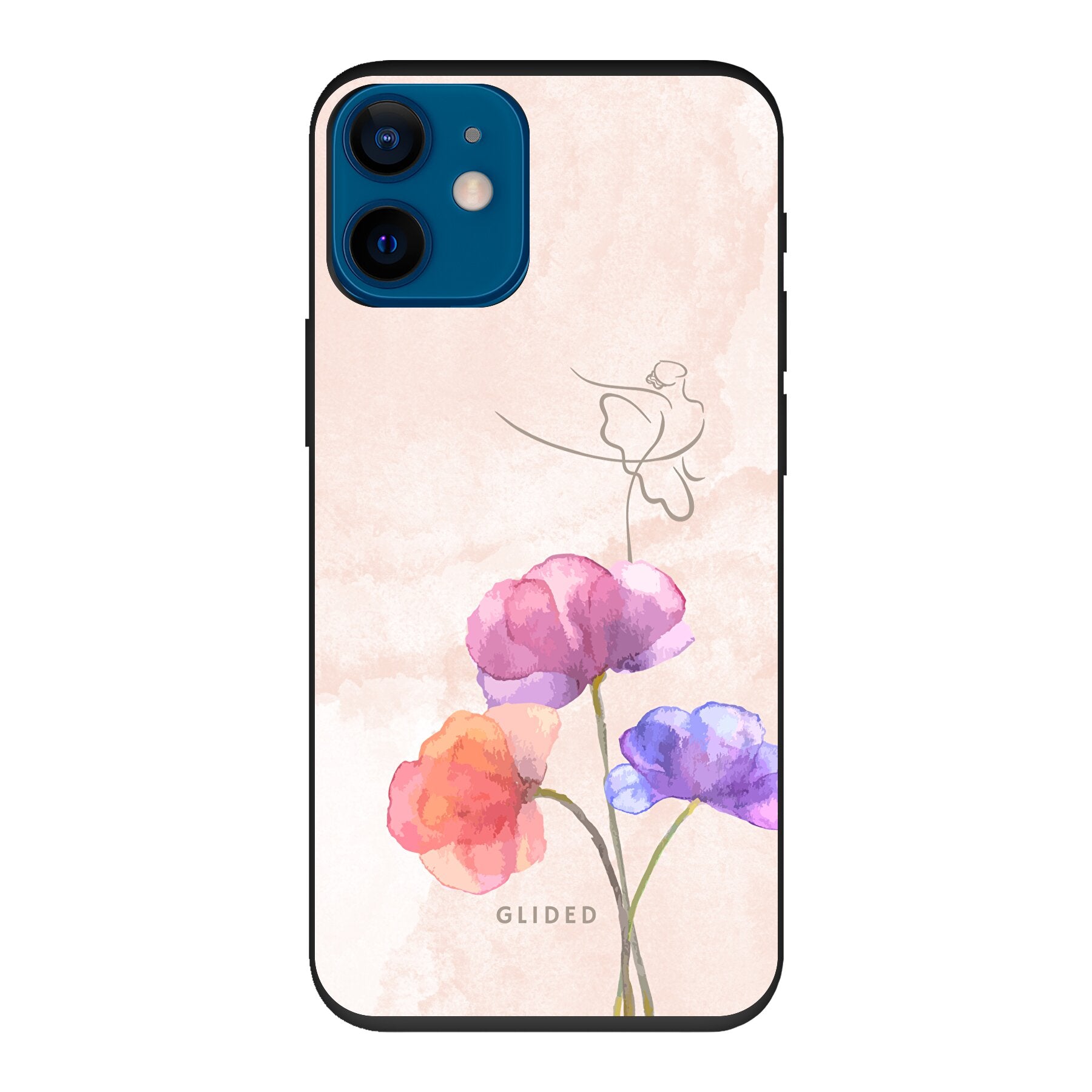 Blossom iPhone 12 mini Handyhülle mit Ballerina-Design in zarten Pastellfarben auf einer Blume.