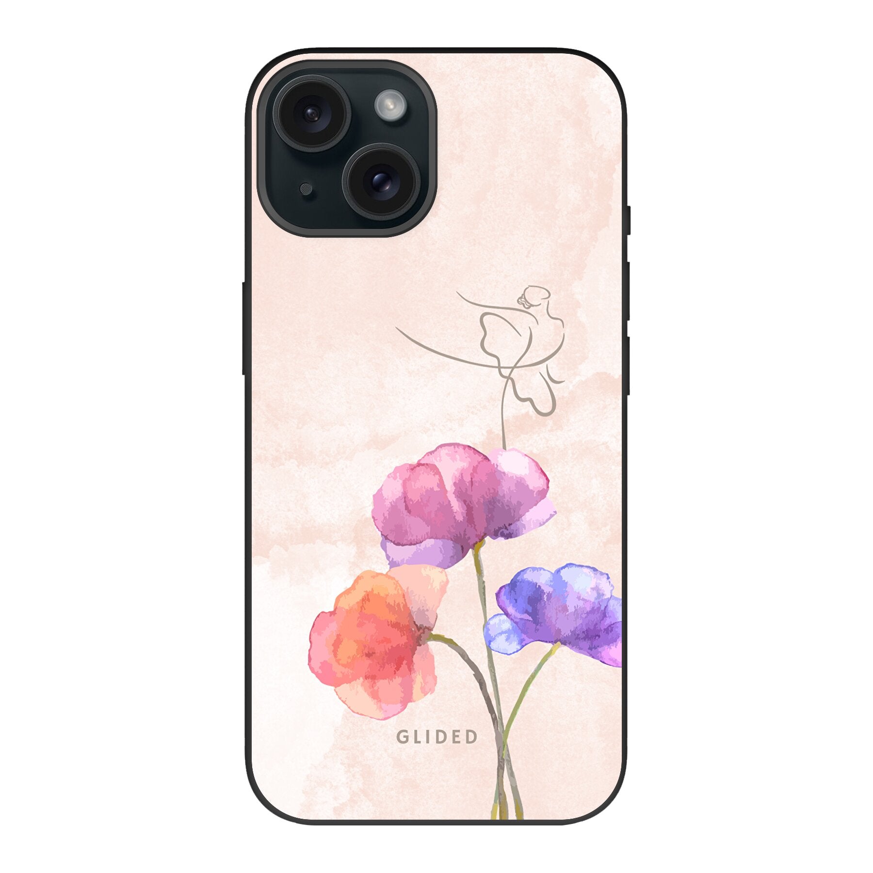 Blossom iPhone 15 Handyhülle mit Ballerina-Design in zarten Pastellfarben, die auf einer Blume steht.