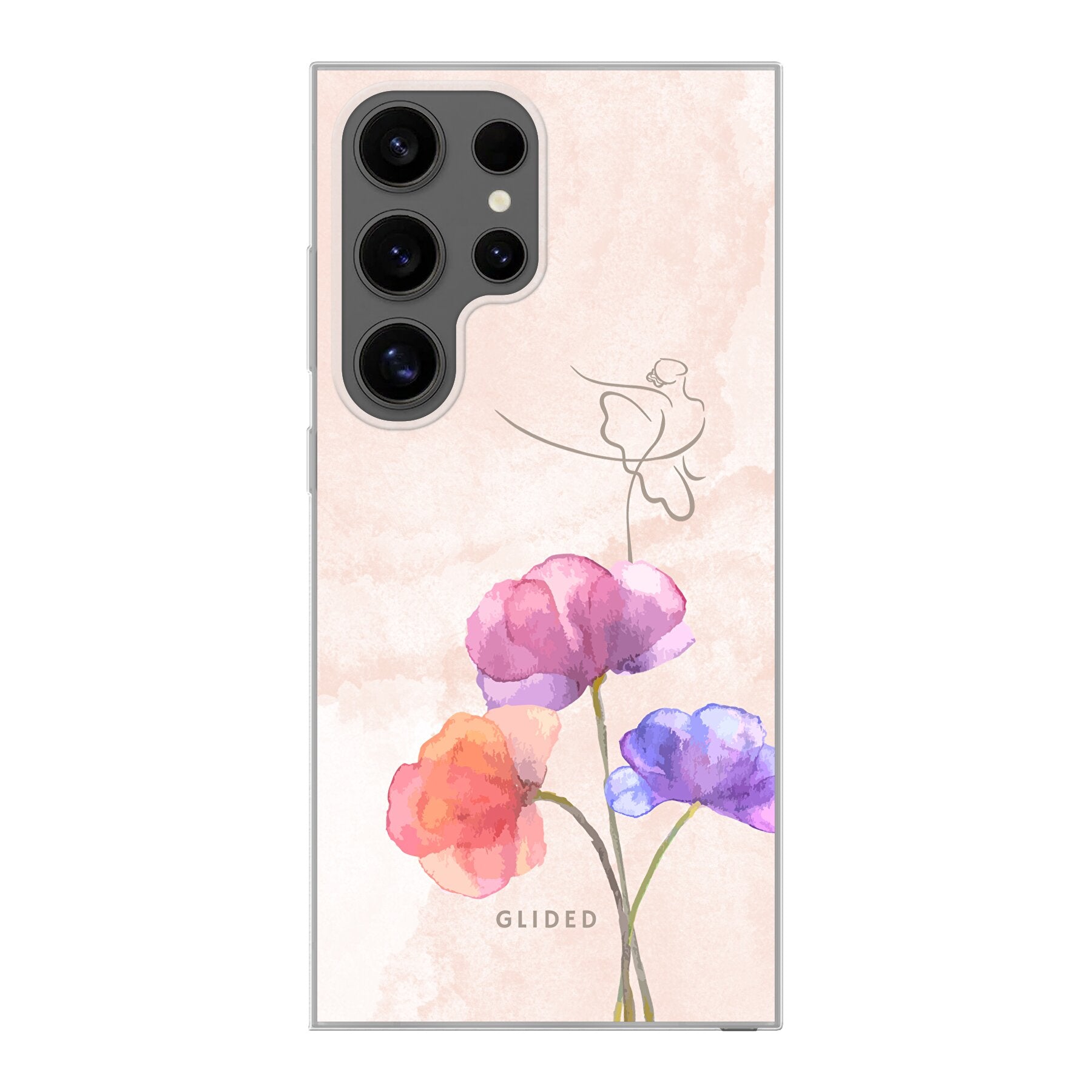 Blossom Handyhülle für Samsung Galaxy S24 Ultra mit zartem Ballerina-Design auf einer Blume in Pastellfarben, idealer Schutz und stilvoll.