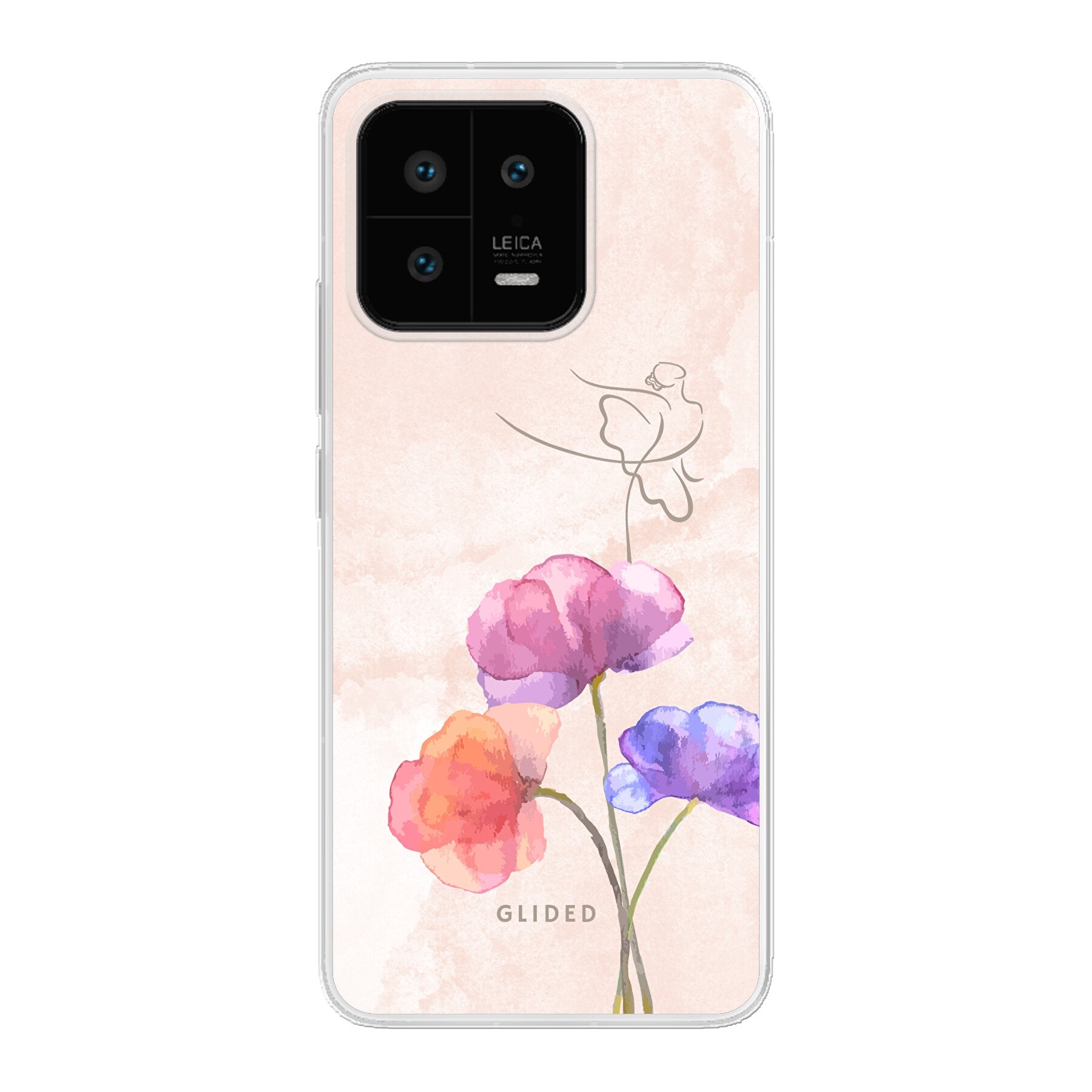 Xiaomi 13 Handyhülle mit Blossom-Design, zeigt eine Ballerina auf einer Blume in zarten Pastellfarben.
