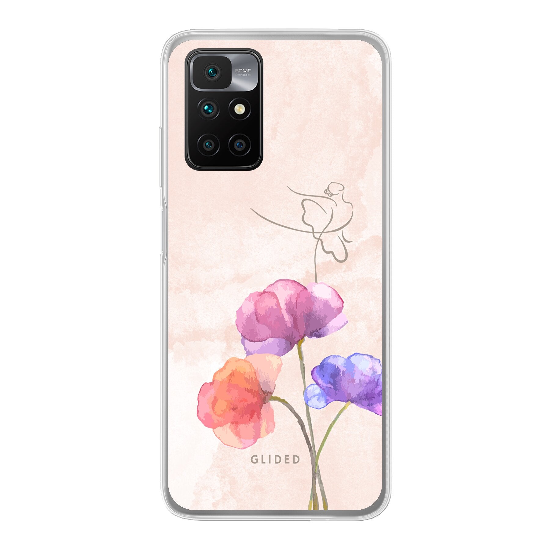 Xiaomi Redmi 10 Handyhülle mit Blossom-Design, zeigt eine Ballerina auf einer Blume in zarten Pastellfarben.