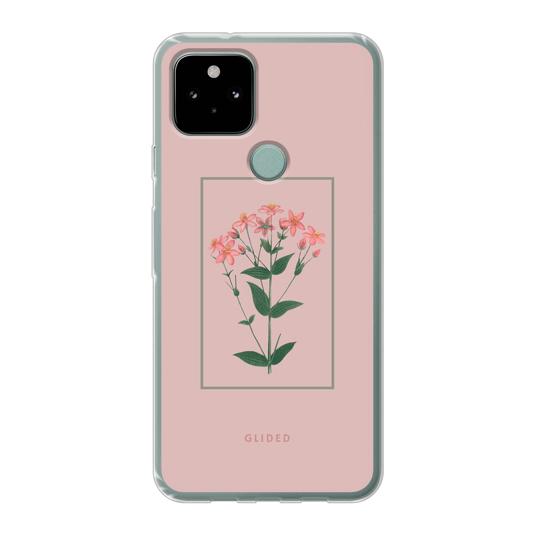 Blossy Google Pixel 5 Handyhülle mit rosafarbenen Blumen auf beigem Hintergrund, stilvoll und schützend.