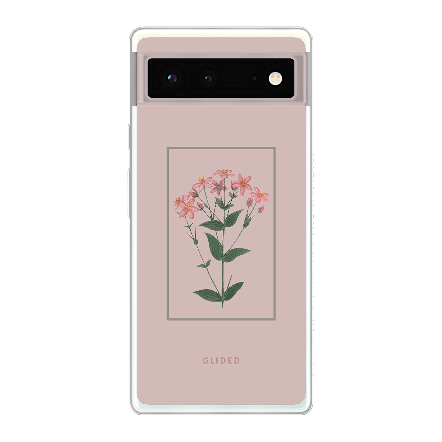 Blossy Google Pixel 6 Handyhülle mit rosane Blumen auf beigem Hintergrund, stilvoll und schützend.