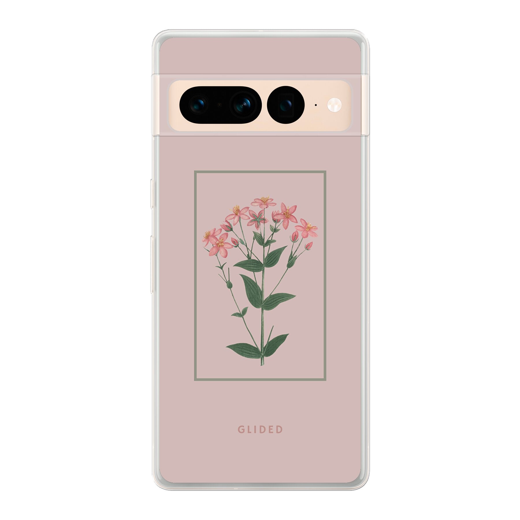 Blossy Google Pixel 7 Pro Handyhülle mit rosane Blumen auf beigem Hintergrund, stilvoll und schützend.