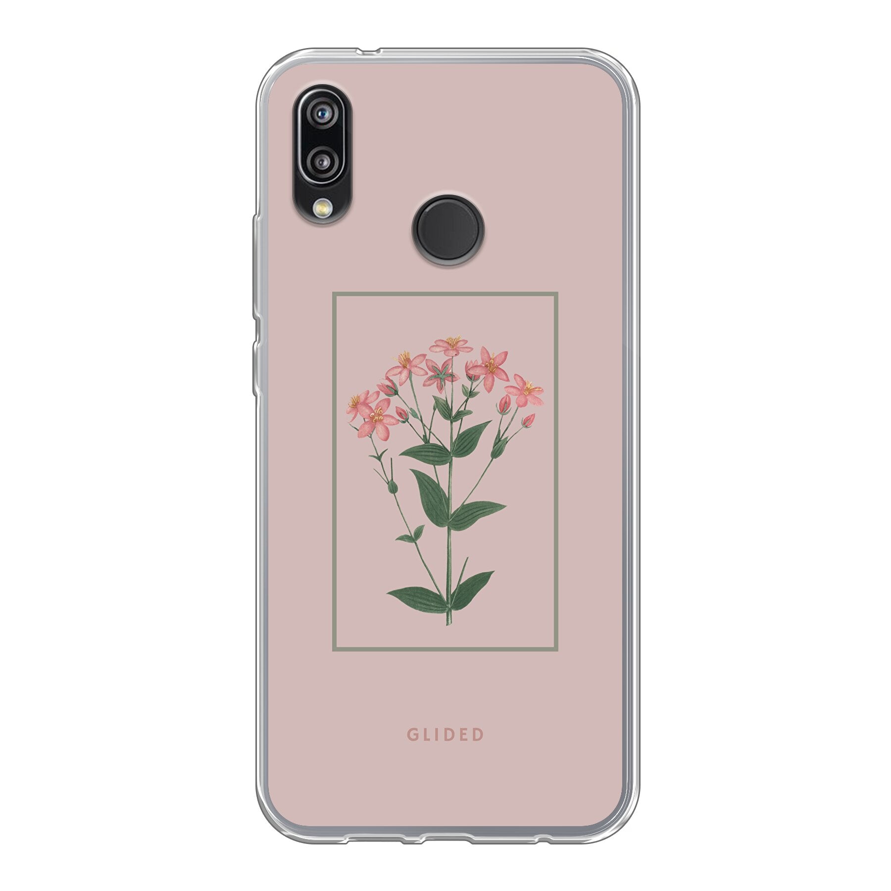 Blossy Huawei P20 Lite Handyhülle mit rosafarbenen Blumen auf beigem Hintergrund, stilvoll und schützend.