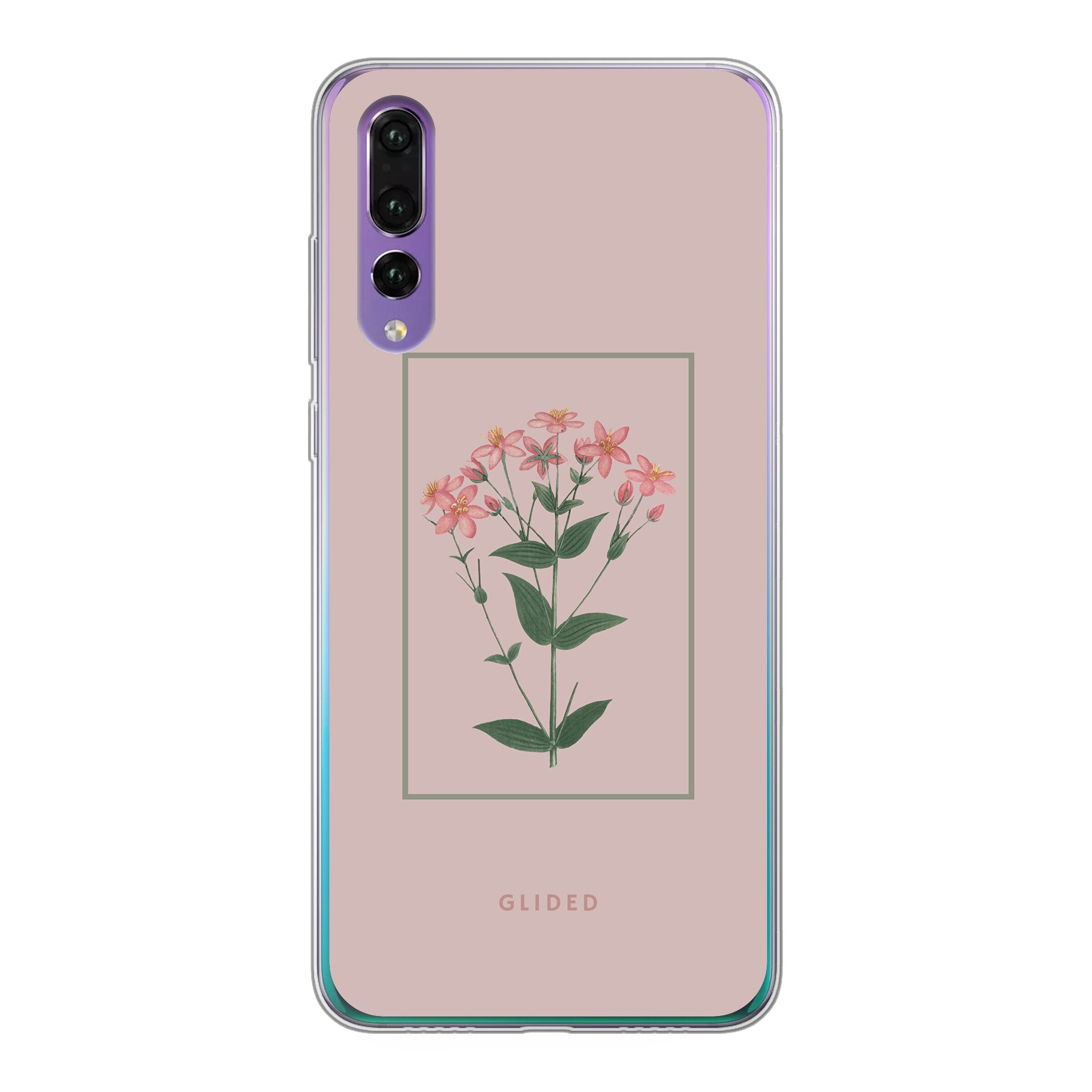 Blossy Huawei P30 Handyhülle mit rosafarbenen Blumen auf beigem Hintergrund, stilvoll und schützend.