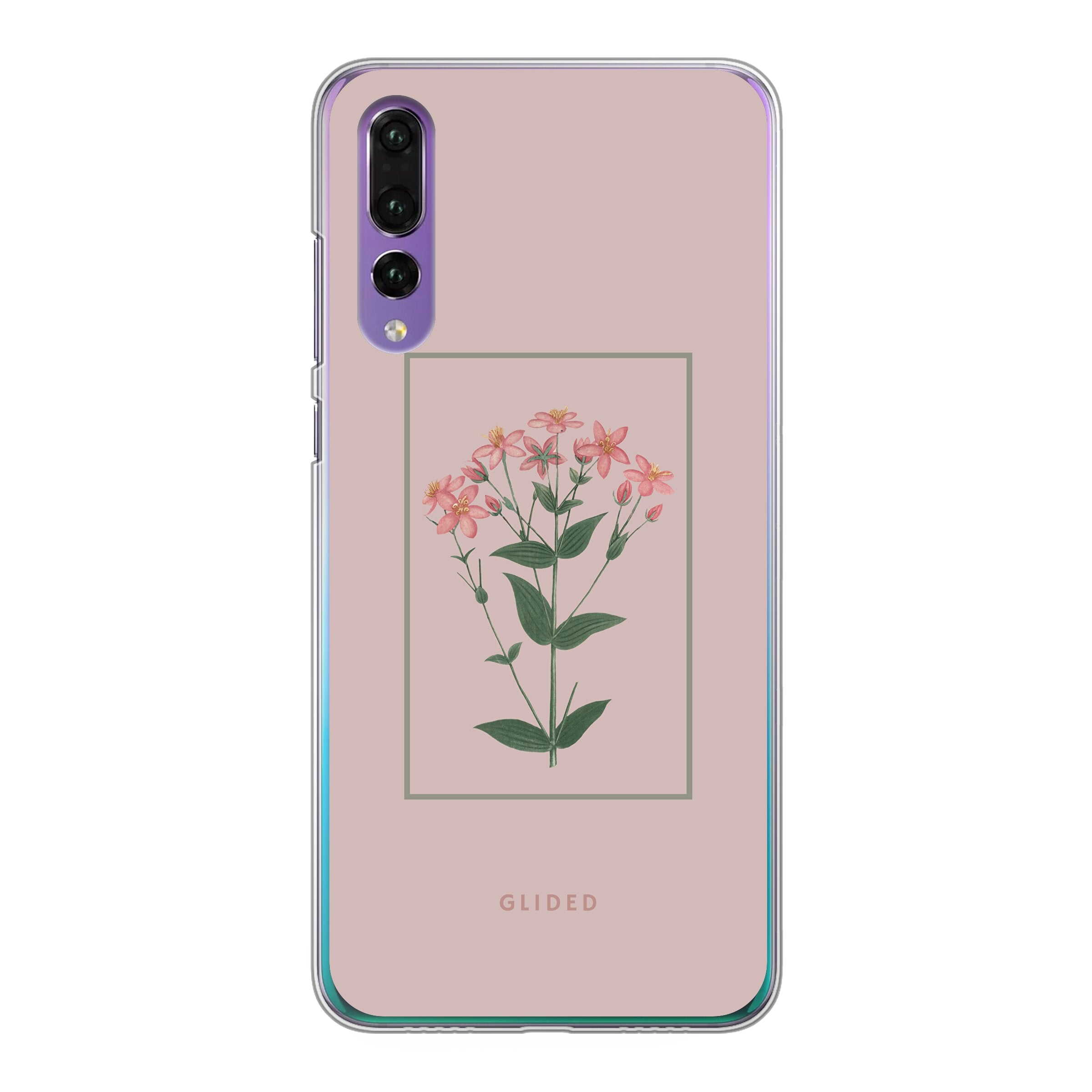 Blossy Huawei P30 Handyhülle mit rosafarbenen Blumen auf beigem Hintergrund, stilvoll und schützend.