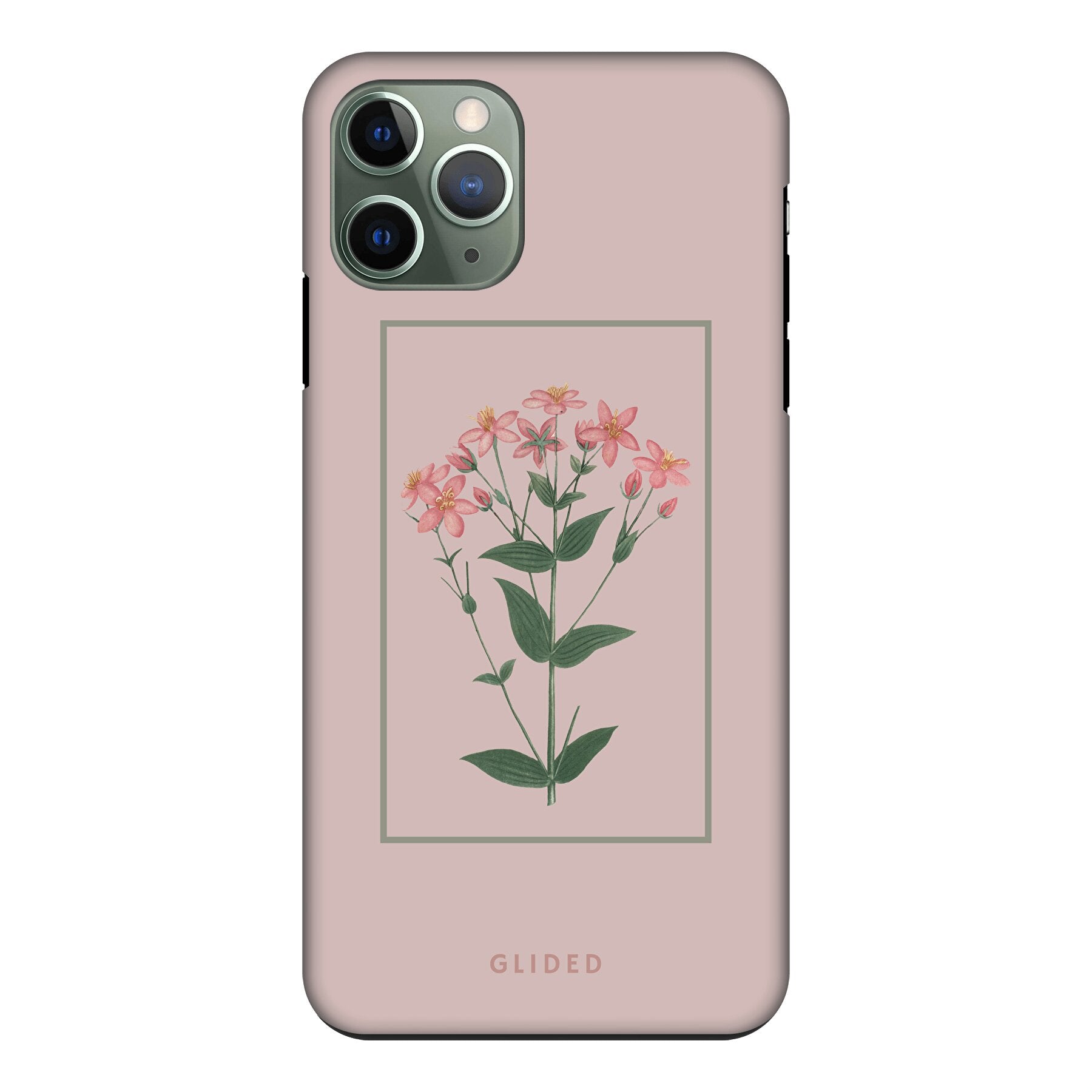Blossy iPhone 11 Pro Handyhülle mit rosane Blumen auf beigem Hintergrund, stilvoll und schützend.