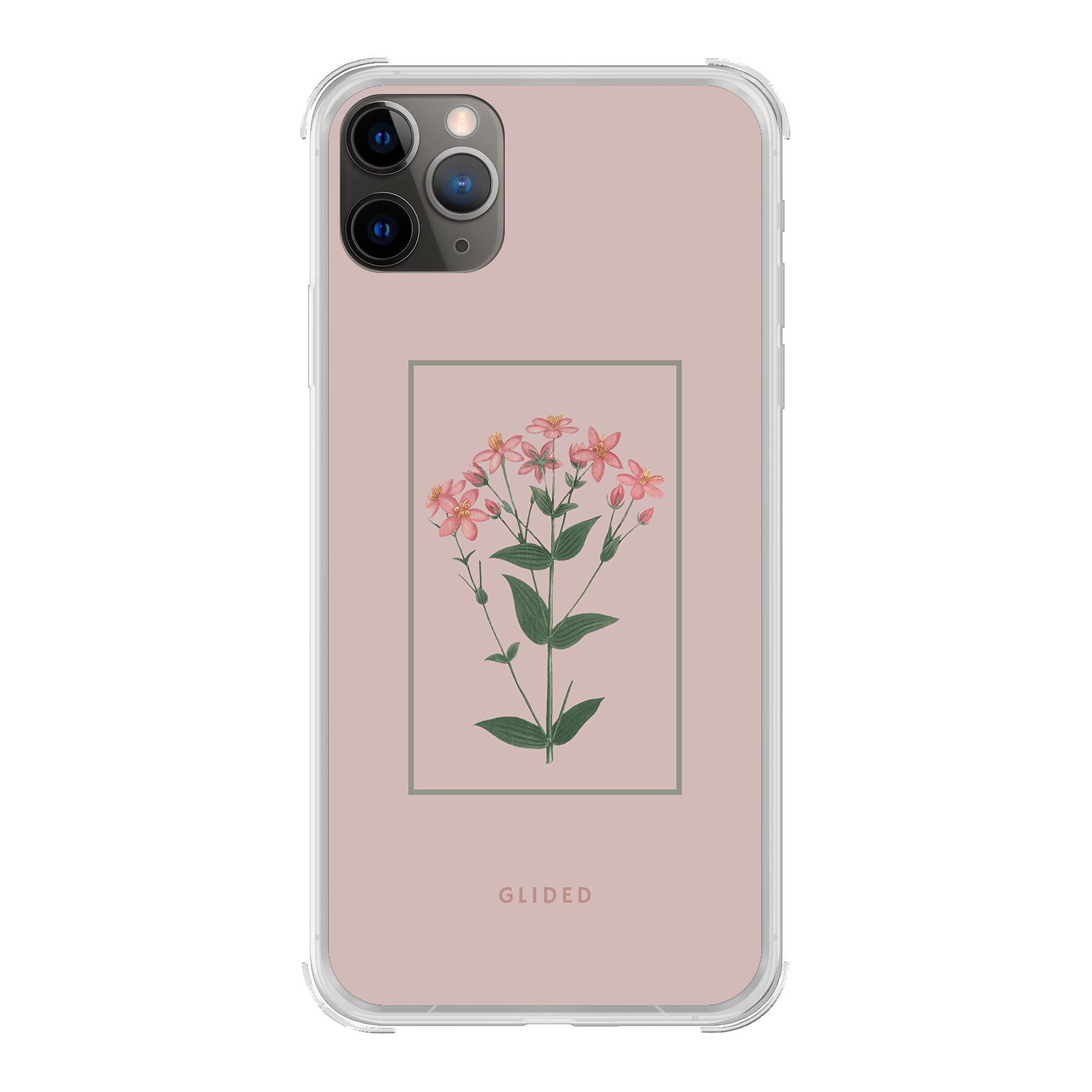 Blossy iPhone 11 Pro Handyhülle mit rosane Blumen auf beigem Hintergrund, stilvoll und schützend.