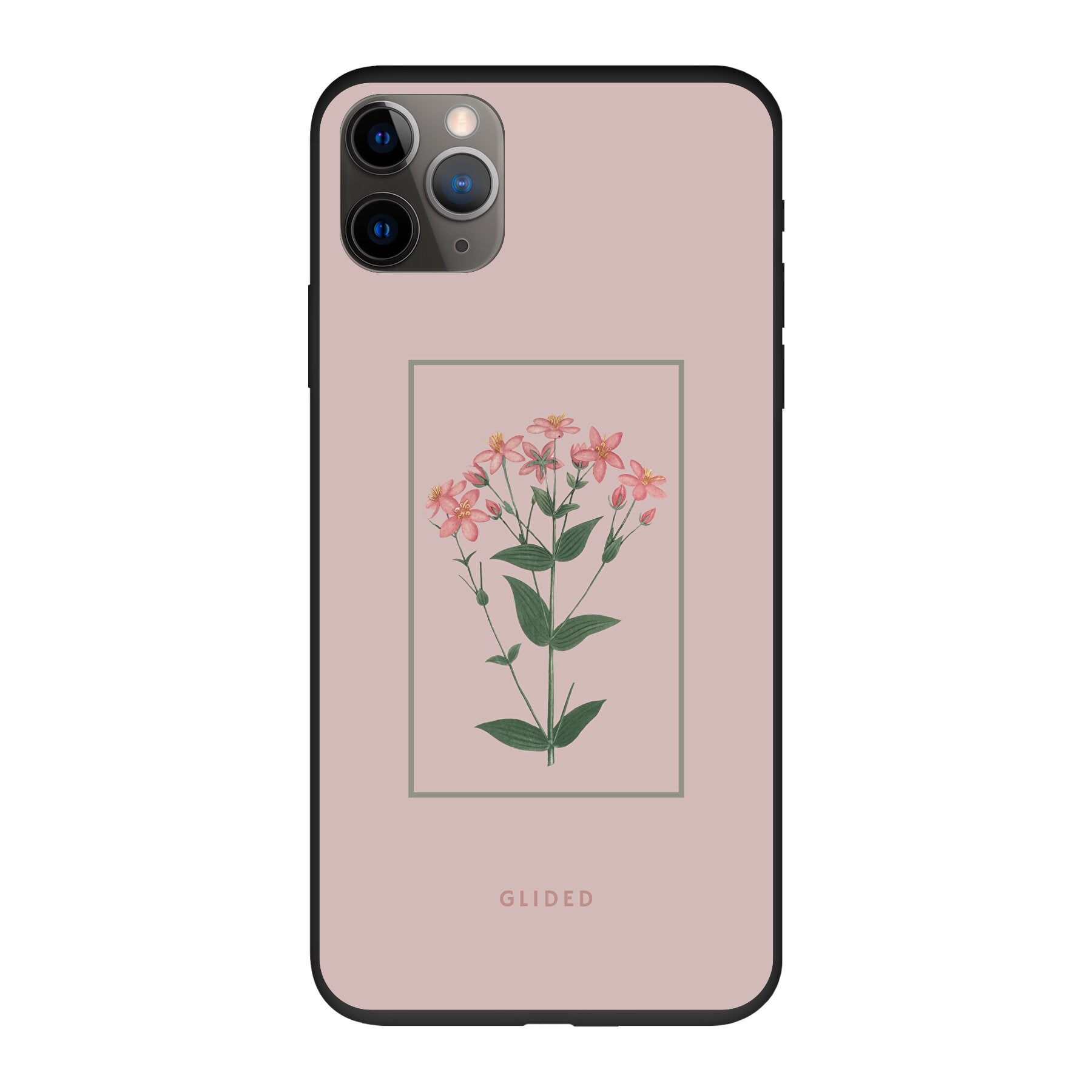 Blossy iPhone 11 Pro Handyhülle mit rosane Blumen auf beigem Hintergrund, stilvoll und schützend.