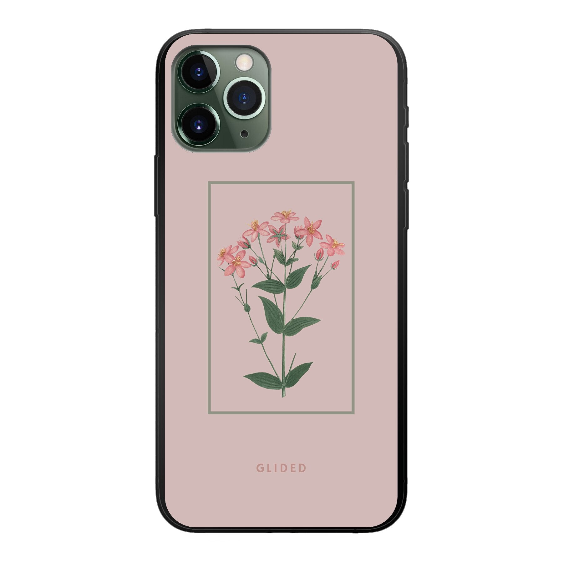 Blossy iPhone 11 Pro Handyhülle mit rosane Blumen auf beigem Hintergrund, stilvoll und schützend.