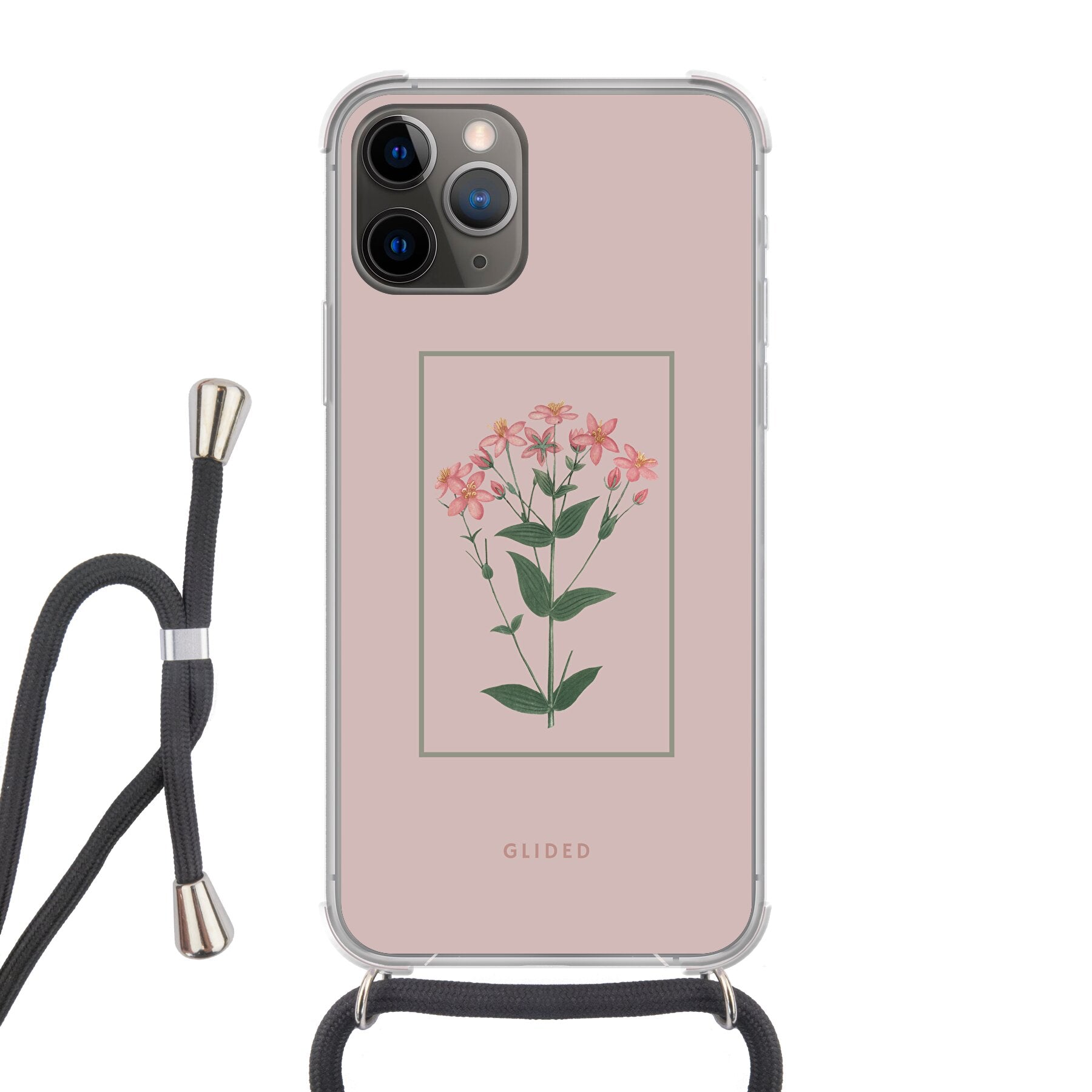 Blossy iPhone 11 Pro Handyhülle mit rosane Blumen auf beigem Hintergrund, stilvoll und schützend.