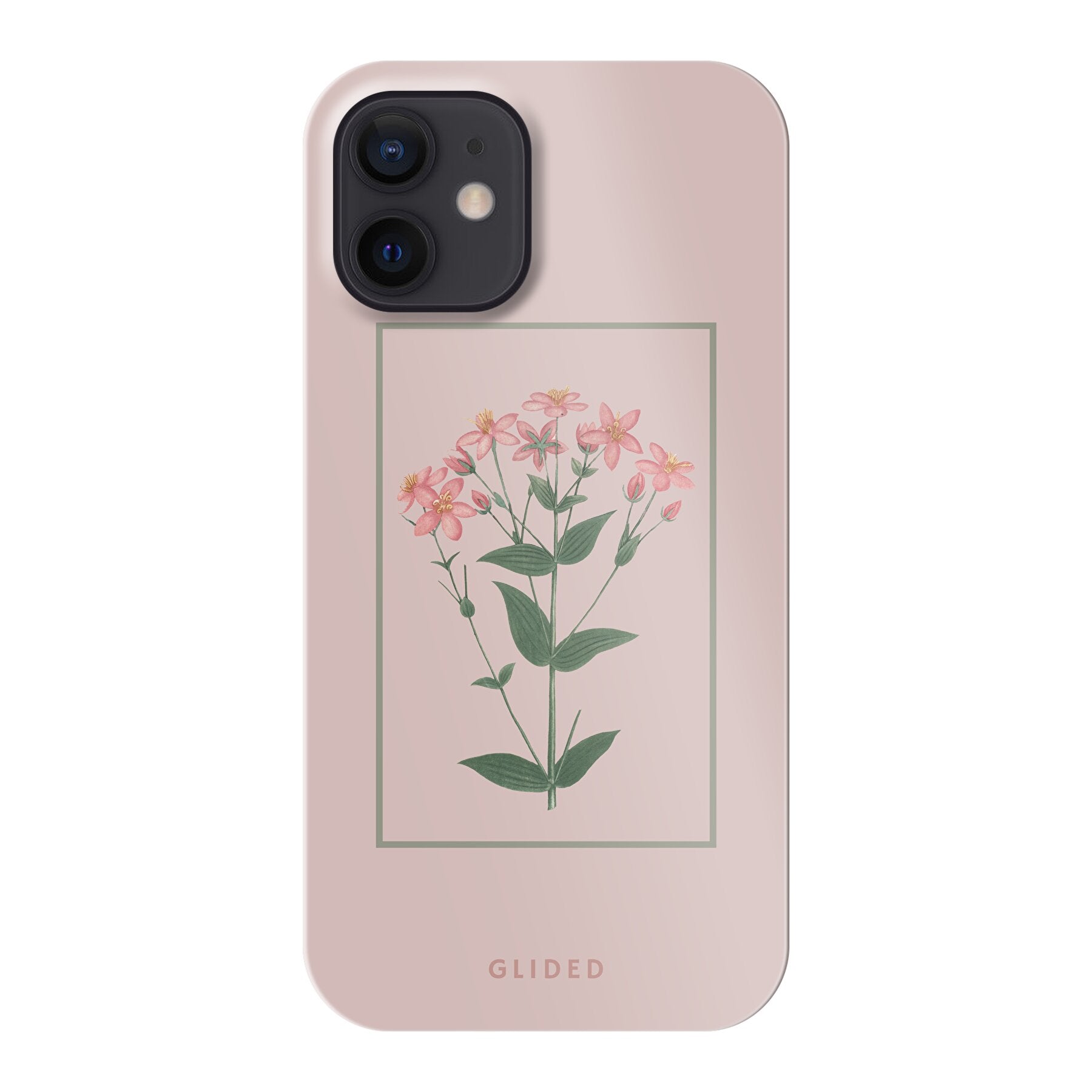 Blossy iPhone 12 mini Handyhülle mit rosane Blumen auf beigem Hintergrund, stilvoll und schützend.