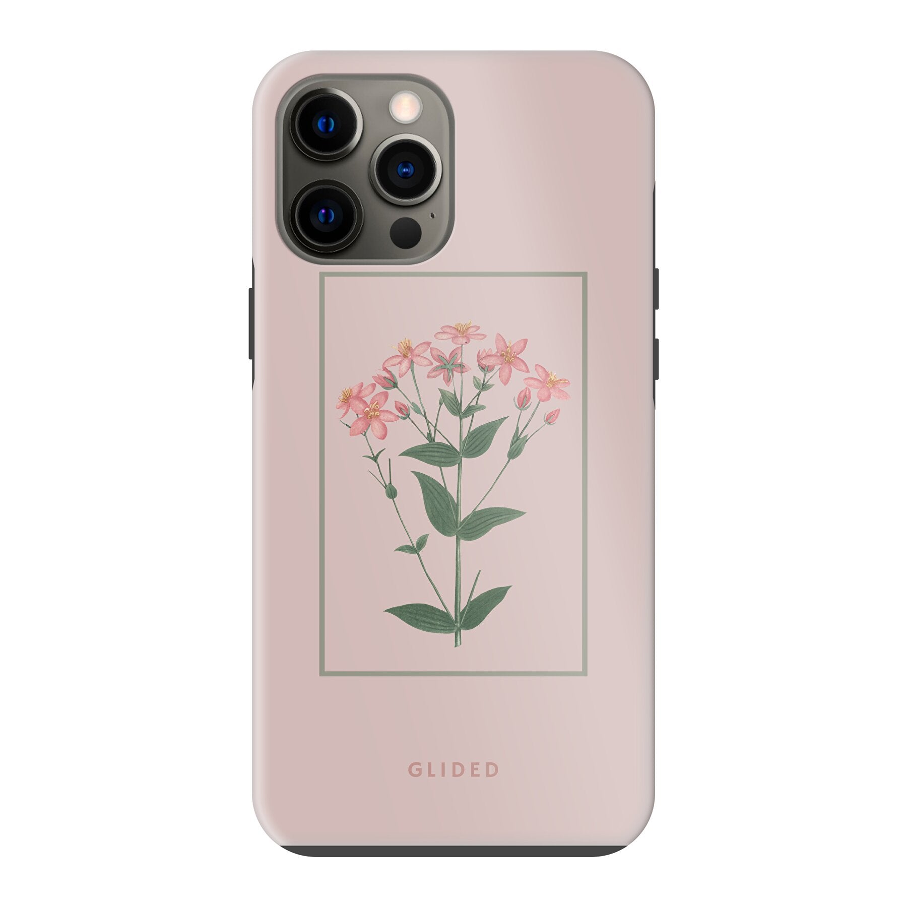 Blossy iPhone 12 Pro Max Handyhülle mit rosafarbenen Blumen auf beigem Hintergrund, stilvoll und schützend.